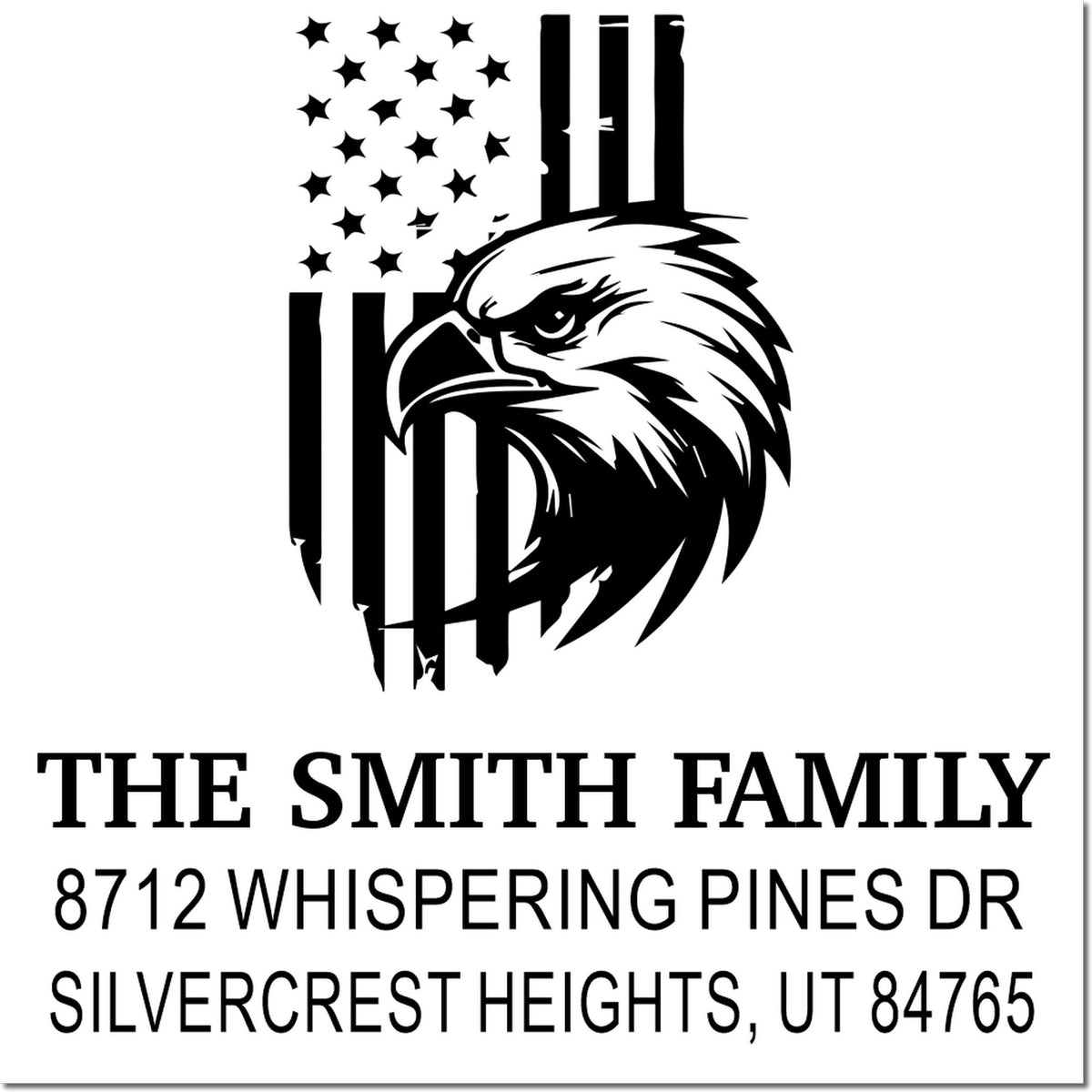 Custom return address stamp with eagle and American flag, reading The Smith Family, 8712 Whispering Pines Dr, Silvercrest Heights, UT 84765.