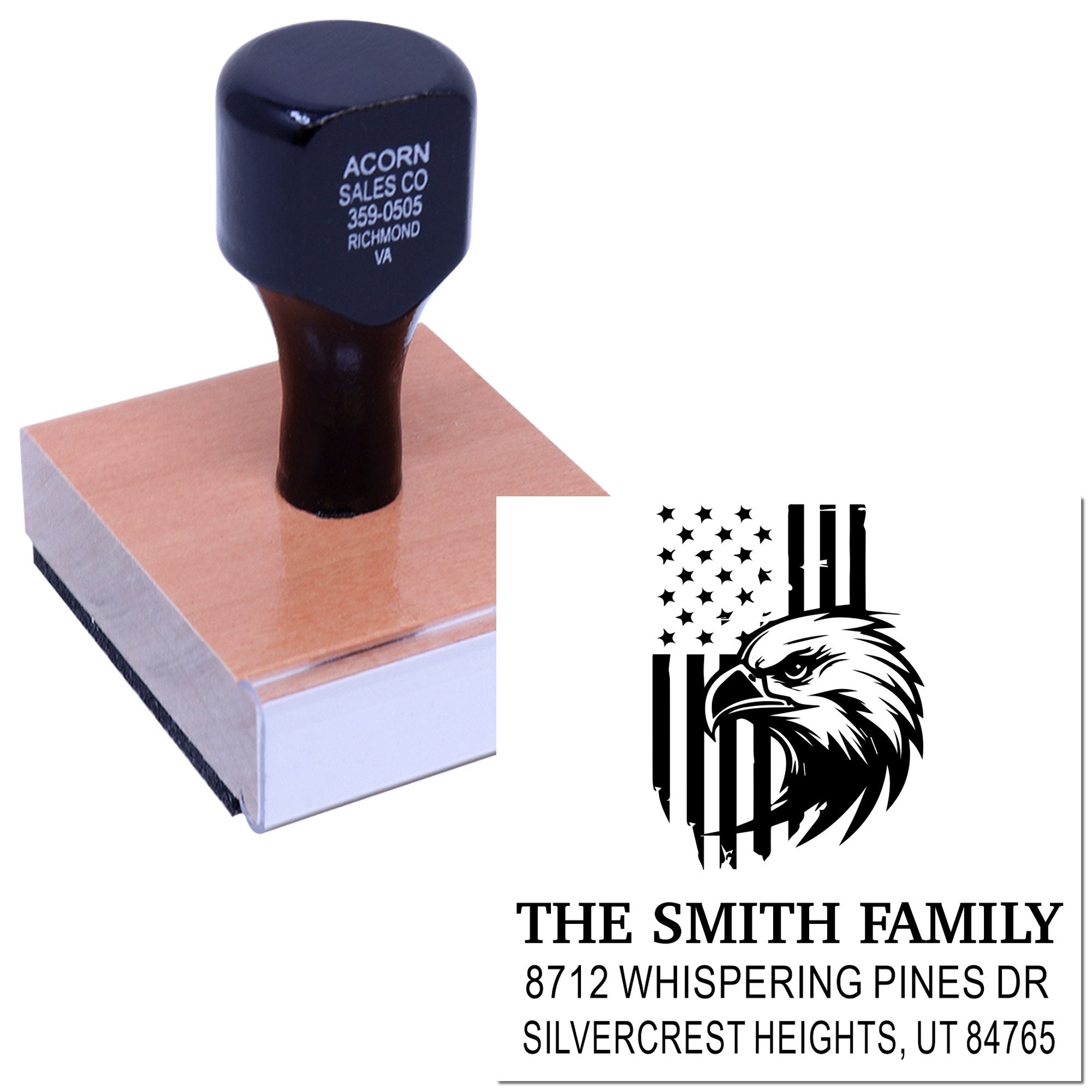 Custom self-inking stamp on a wooden block, imprinting an eagle-and-flag family address design with name and Utah mailing address.