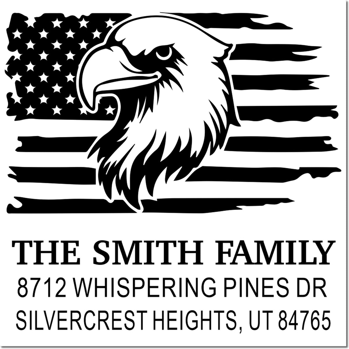 Custom family address stamp with eagle over American flag, featuring The Smith Family and 8712 Whispering Pines Dr, Silvercrest Heights, UT 84765.