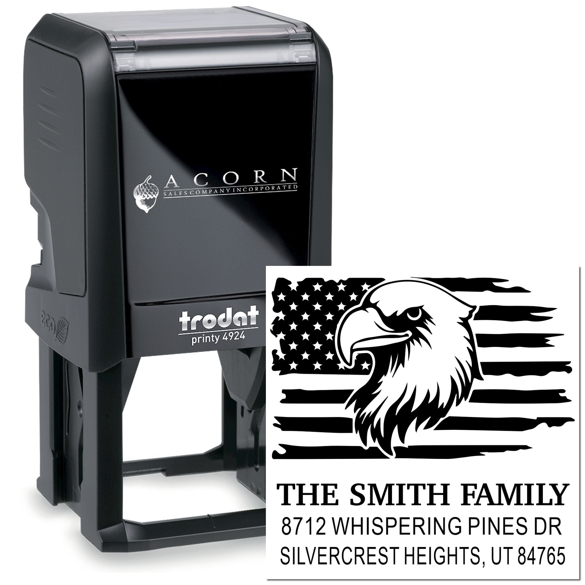 Custom self-inking Trodat address stamp with eagle American flag design, personalized family name and address on white background.