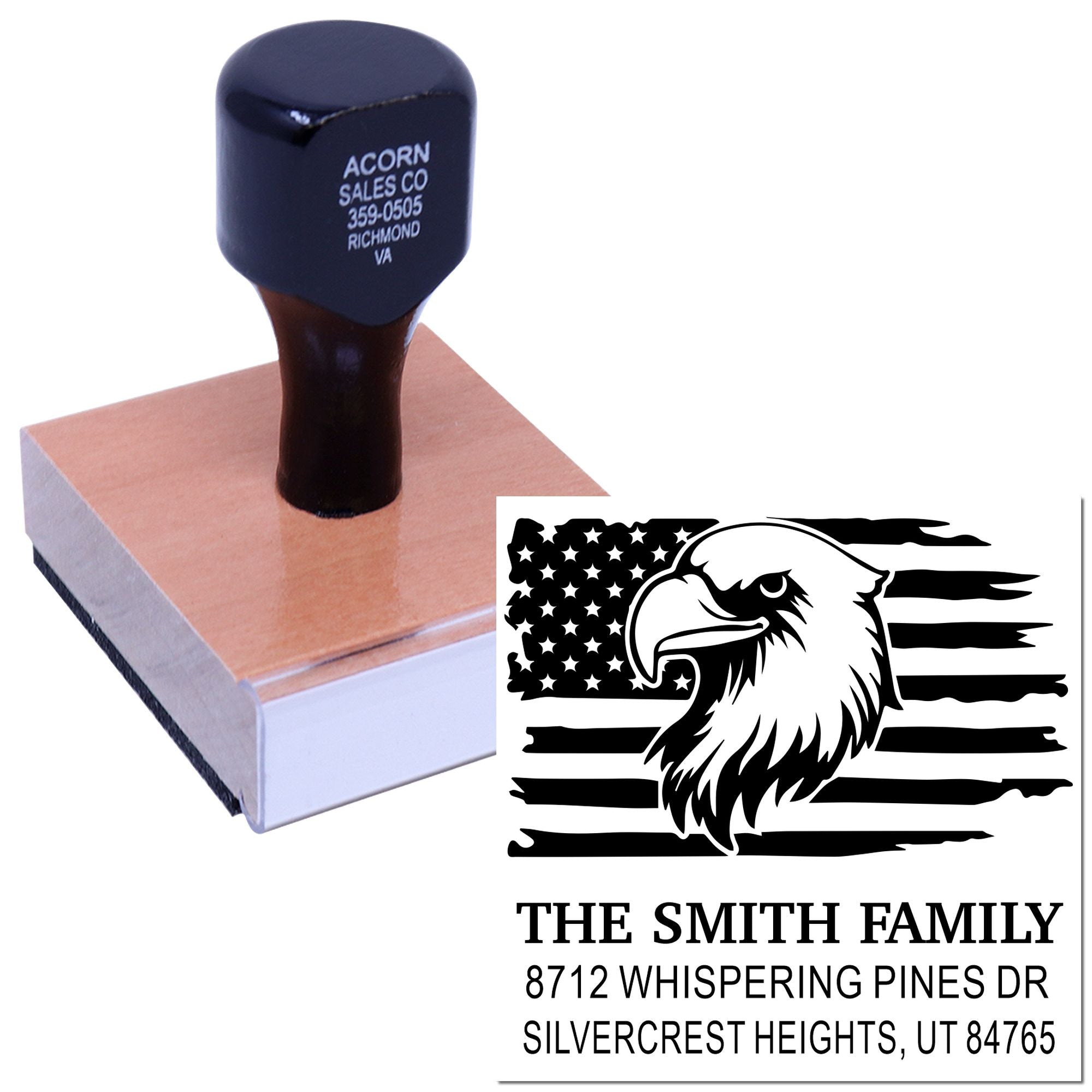 Custom self-inking address stamp with eagle American flag design, shown on a white background with wood handle and sample imprint for The Smith Family.
