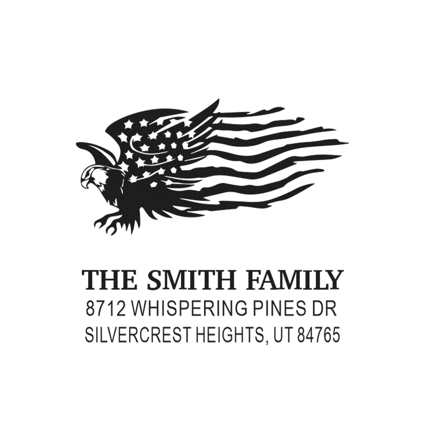 Personalized rubber address stamp with patriotic eagle and American flag design, featuring The Smith Family name and Silvercrest Heights, UT return address.