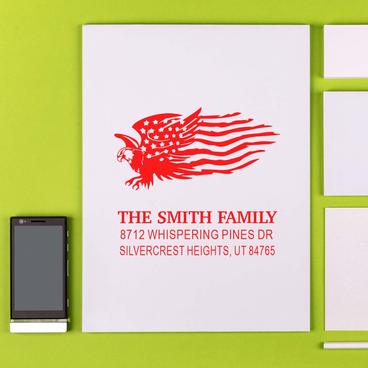 Custom rubber address stamp with patriotic eagle and American flag design, personalized for The Smith Family return address in red ink.