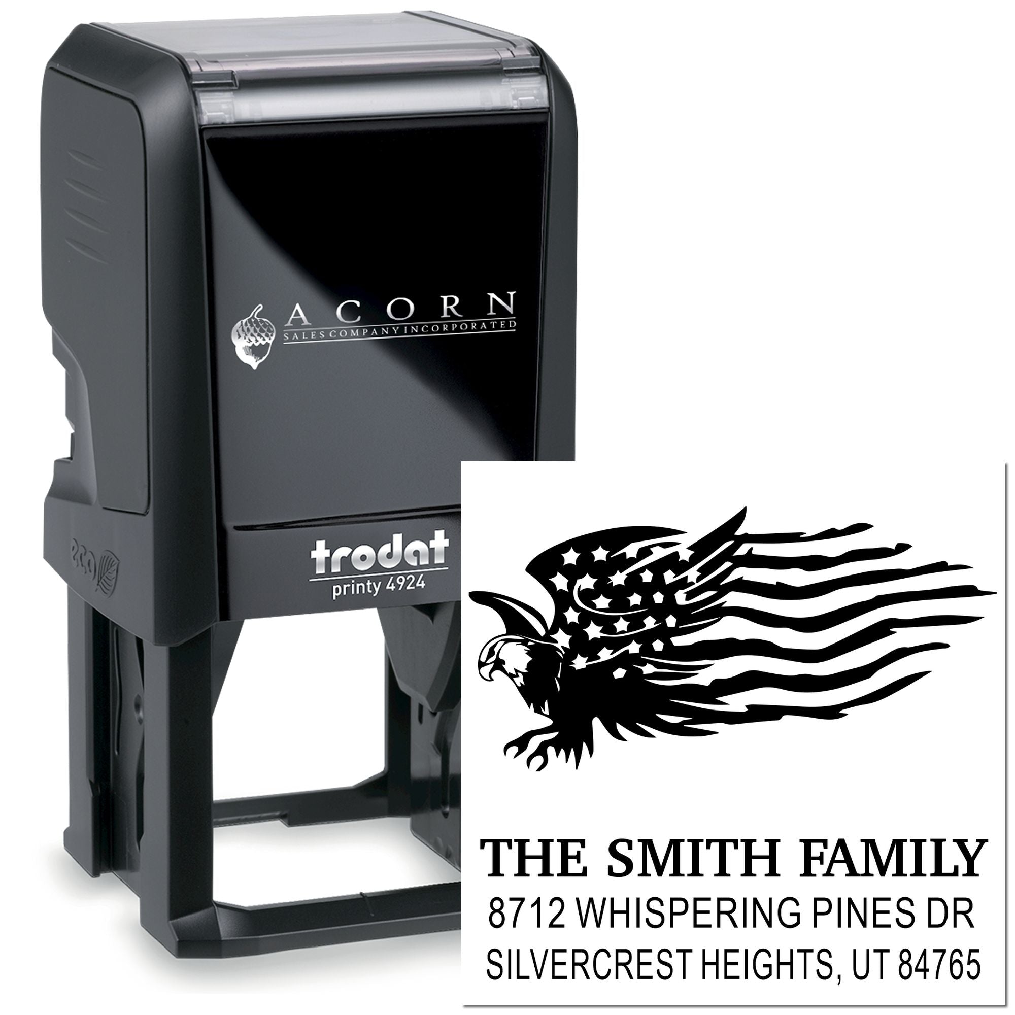 Custom self-inking rubber stamp with eagle American flag design and Smith family return address, ideal for personalized mailing and packaging