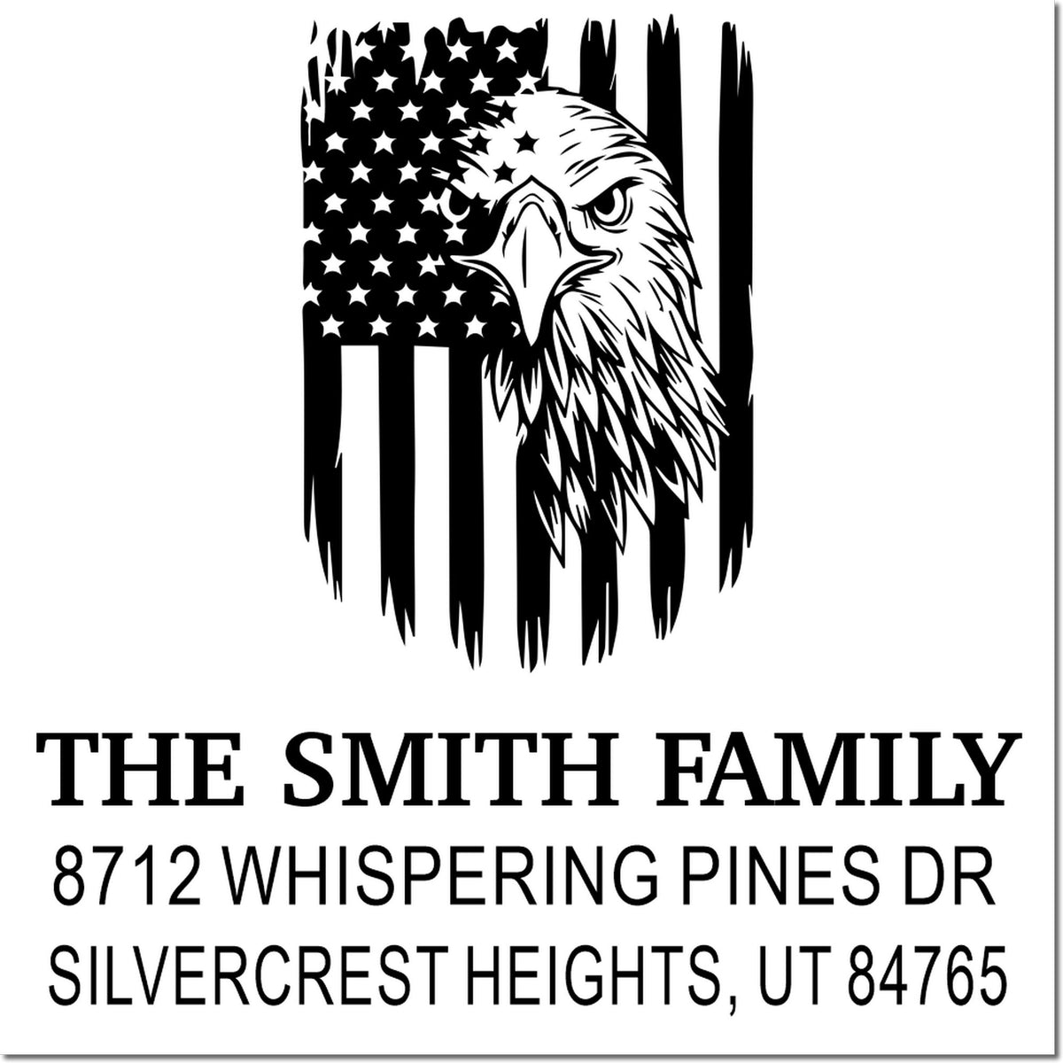 Custom rubber stamp featuring patriotic eagle and American flag design with The Smith Family name and address, ideal for envelopes and mailings.