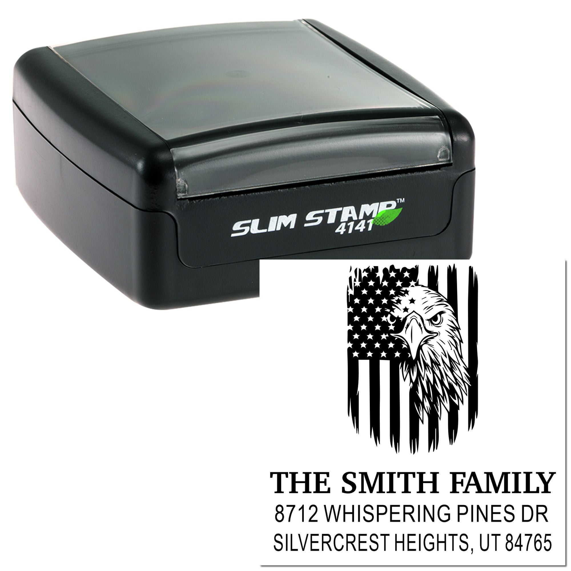 Slim Stamp 4141 custom self-inking address stamp with eagle and American flag design, personalized family name and address for mail and office use
