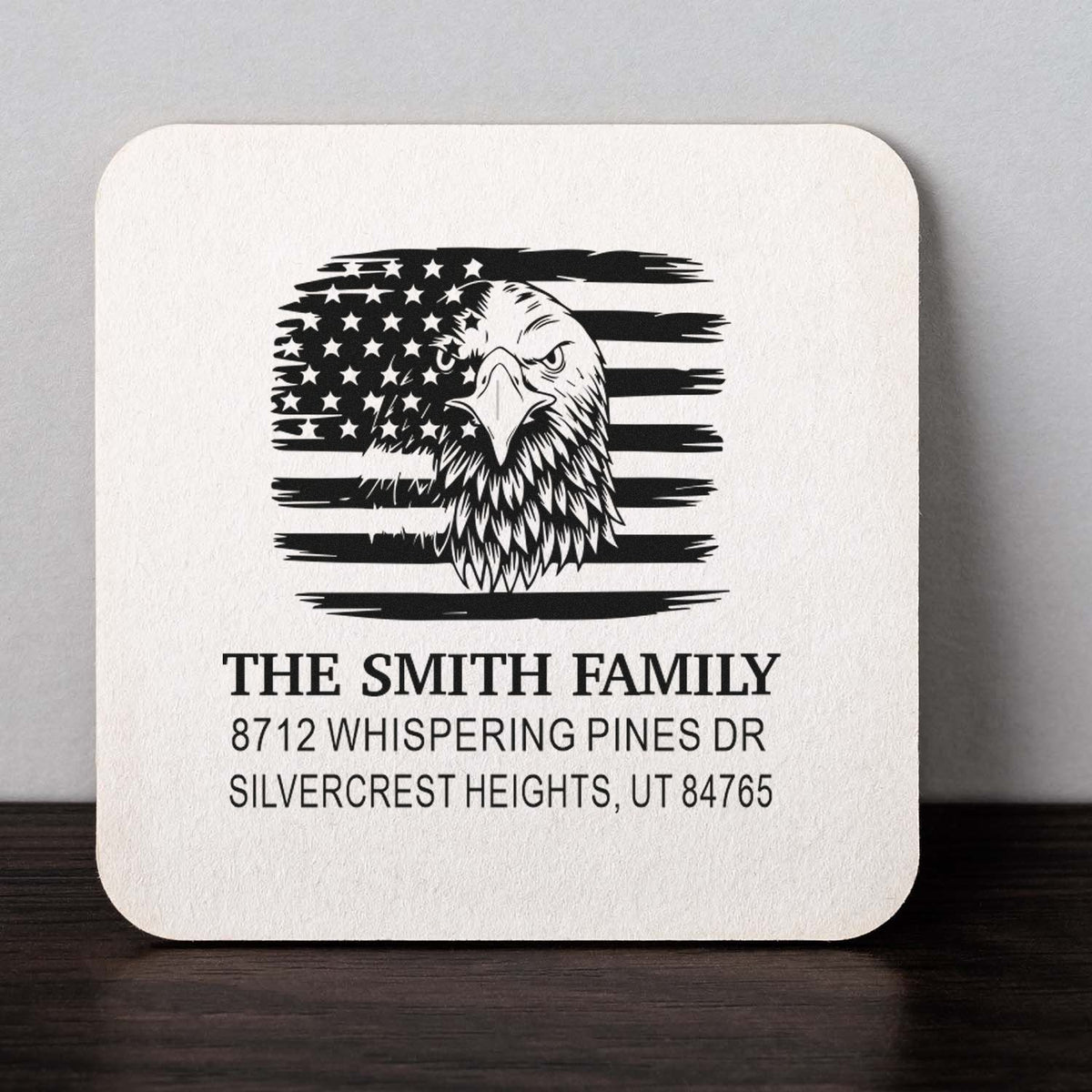 Custom family address rubber stamp with patriotic eagle and American flag design, featuring The Smith Family and Silvercrest Heights, UT address.