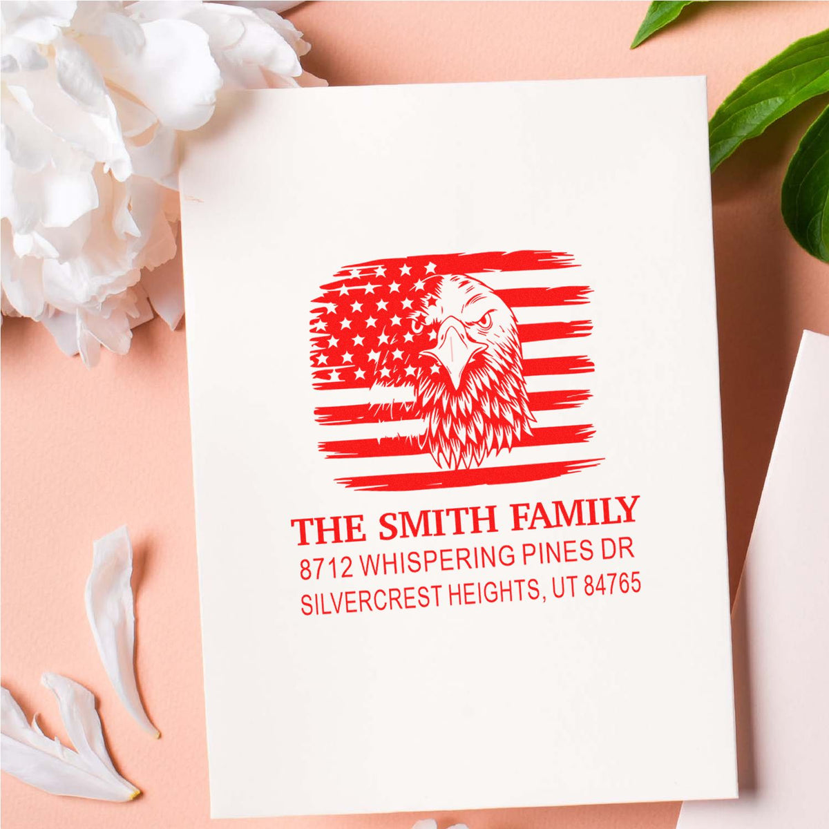 Custom rubber stamp with eagle and American flag design, personalized Smith family return address stamp for envelopes, cards, and stationery.