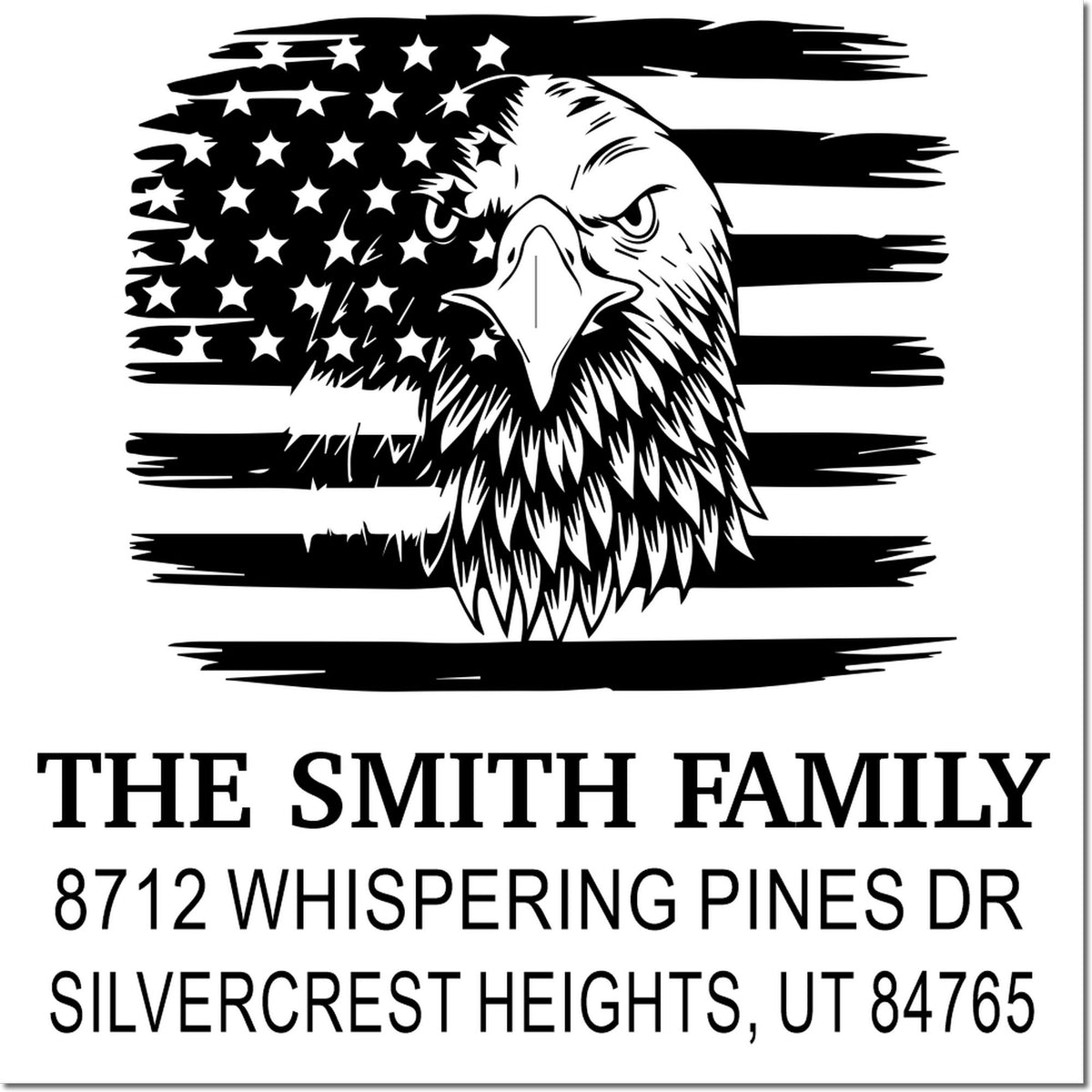 Custom rubber address stamp with eagle and distressed American flag design, personalized for The Smith Family at Whispering Pines Dr, Silvercrest Heights UT