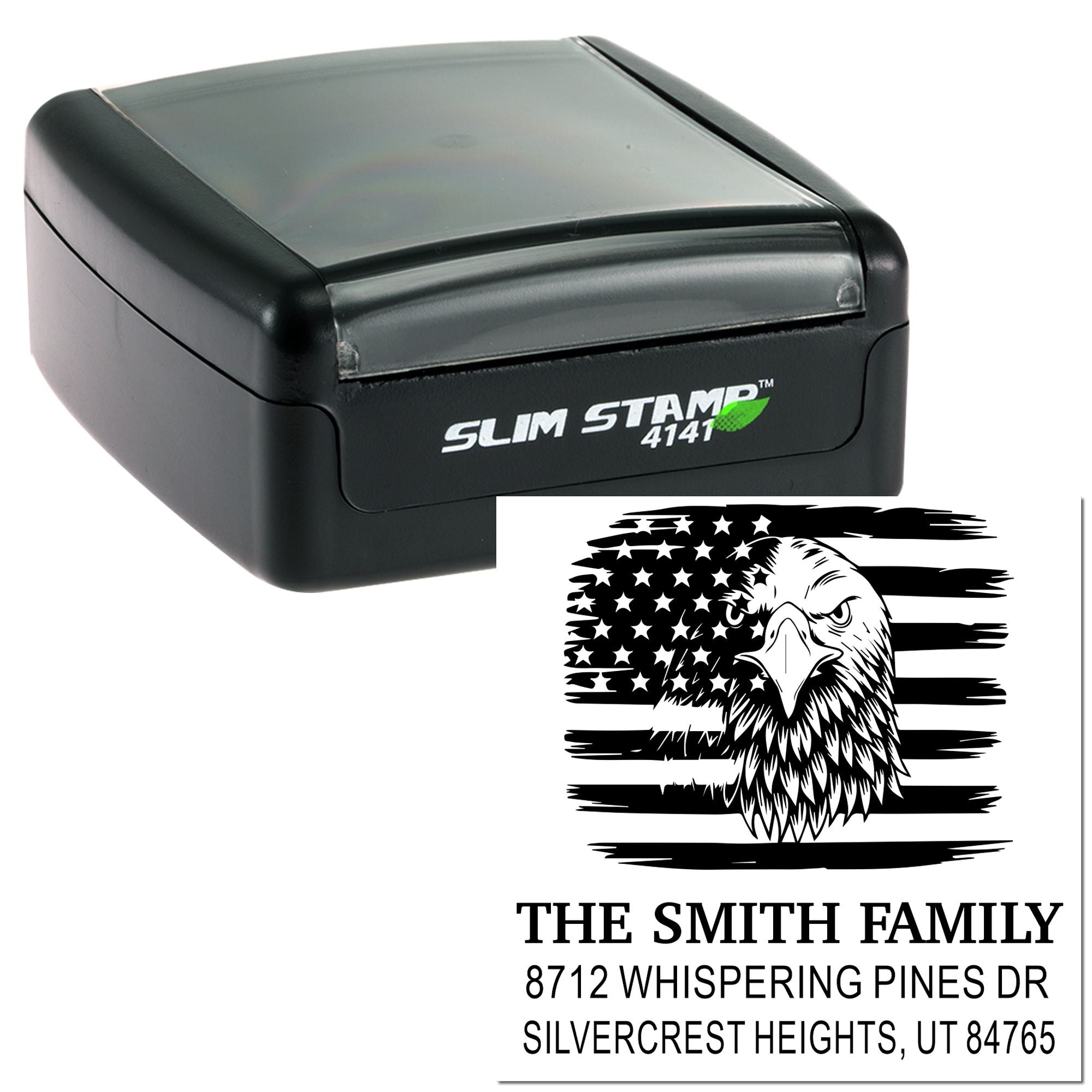Custom self-inking rubber stamp with eagle and American flag design, The Smith Family return address, Slim Stamp 4141 black case