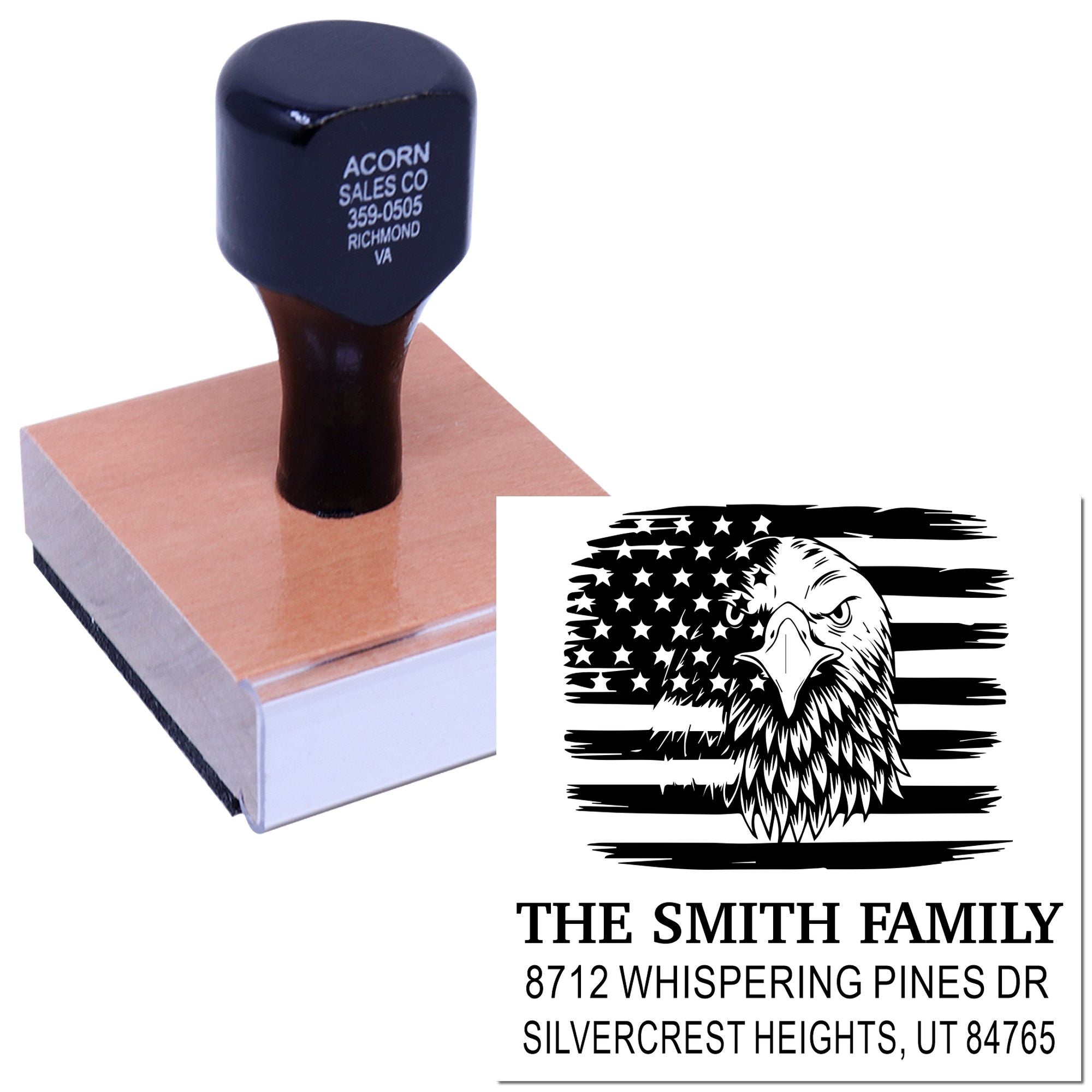 Custom rubber address stamp with eagle and American flag design, personalized family name and return address for envelopes, mail, and crafts