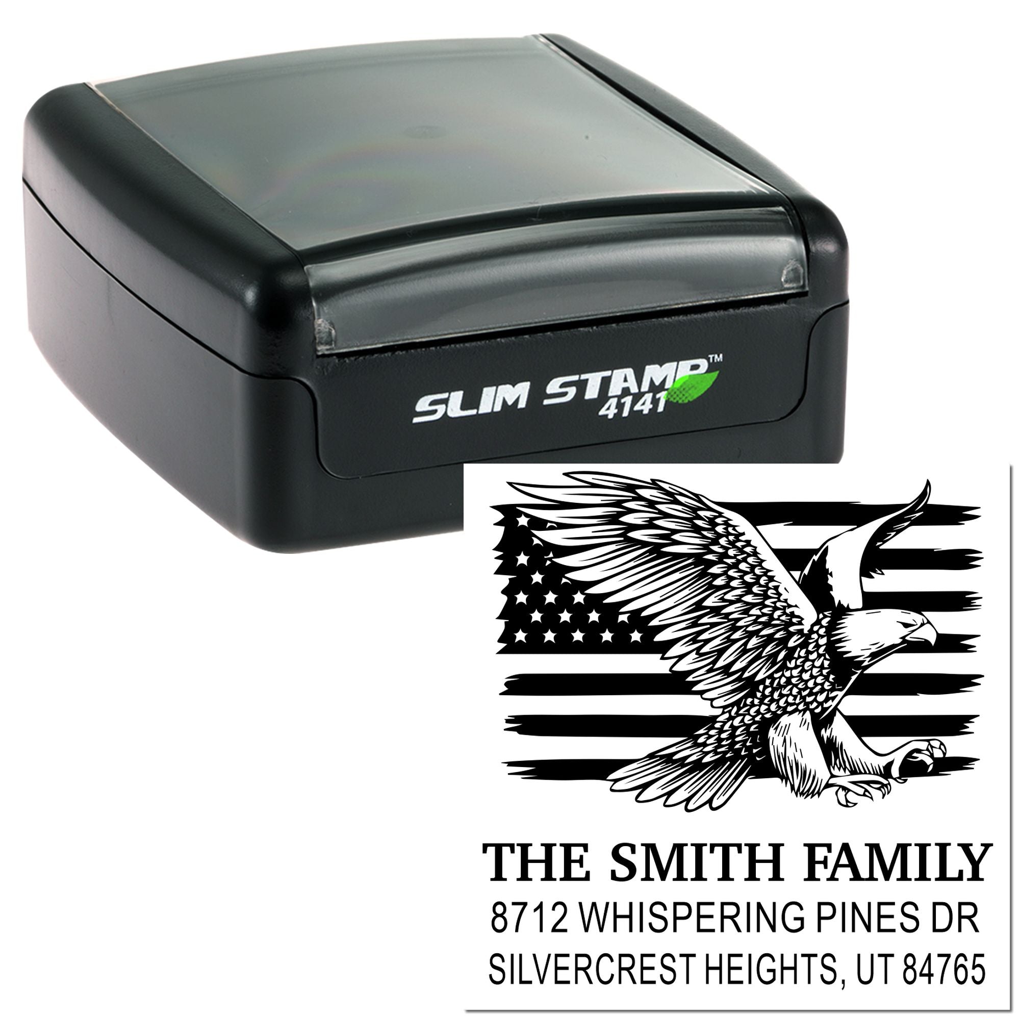 Custom self-inking Slim Stamp 4141 with eagle-over-flag return address design for The Smith Family, shown on a white background.
