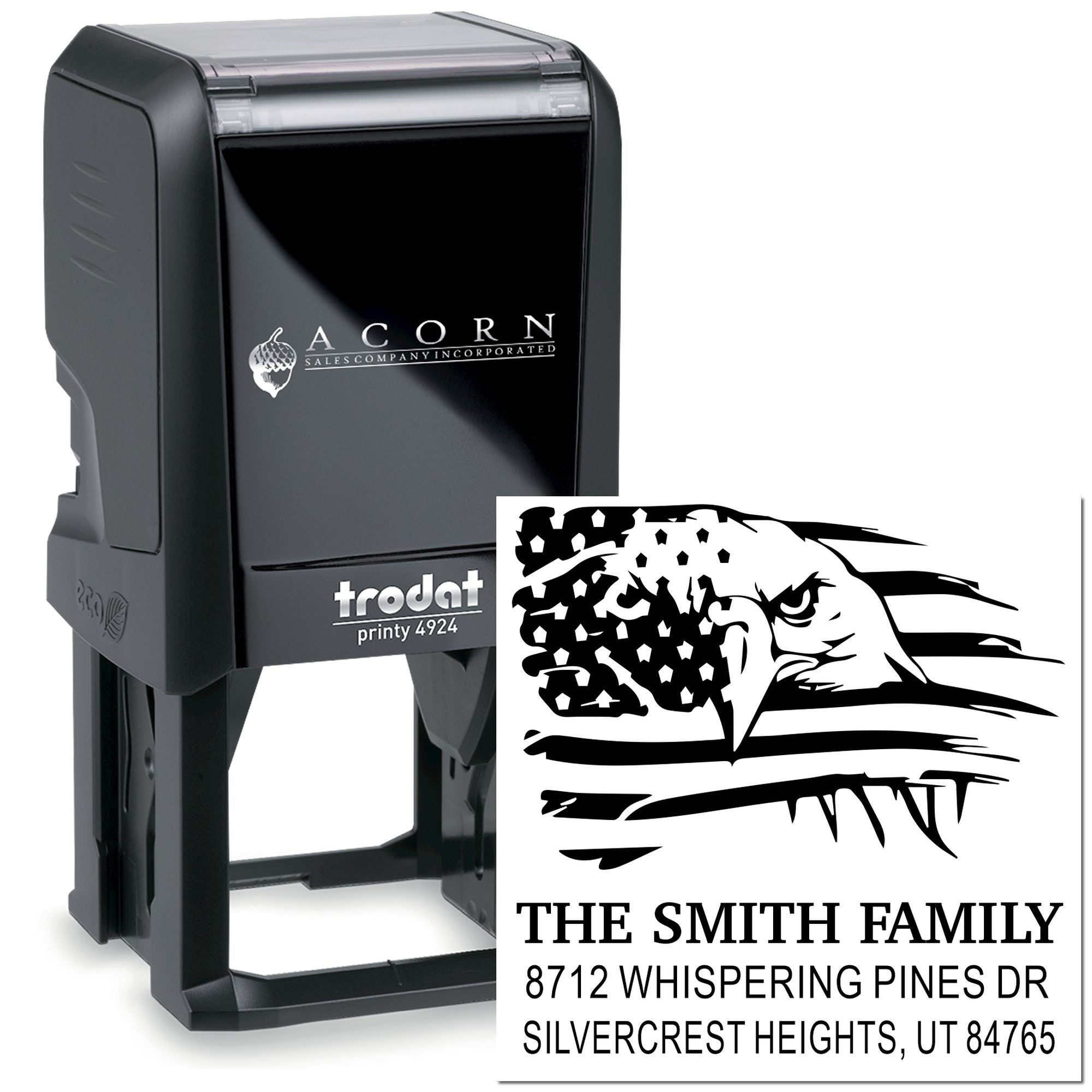 Custom self-inking rubber address stamp with patriotic eagle and American flag design, personalized family return address stamp, Trodat Printy 4924