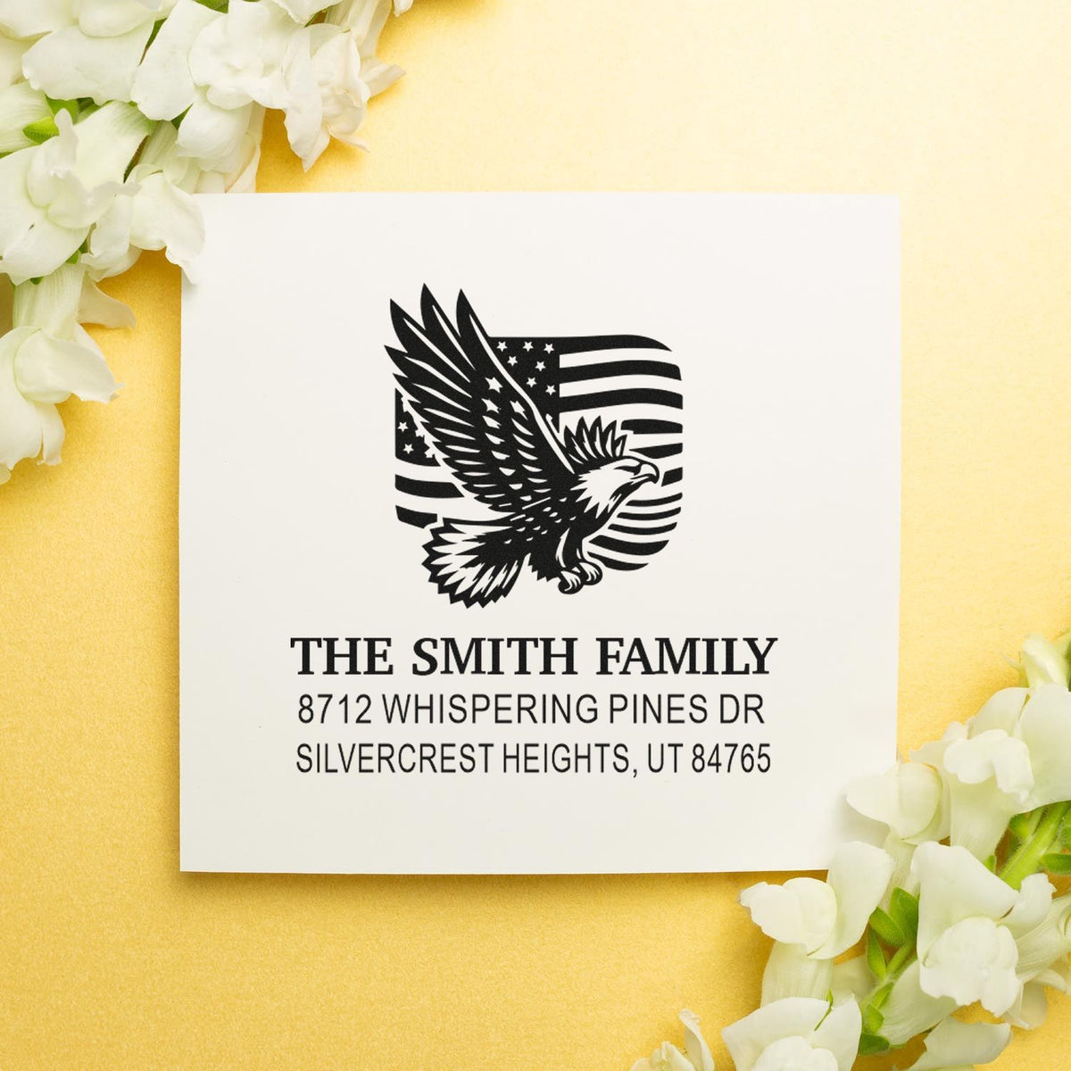 Custom eagle and American flag address rubber stamp with The Smith Family, 8712 Whispering Pines Dr, Silvercrest Heights, UT 84765