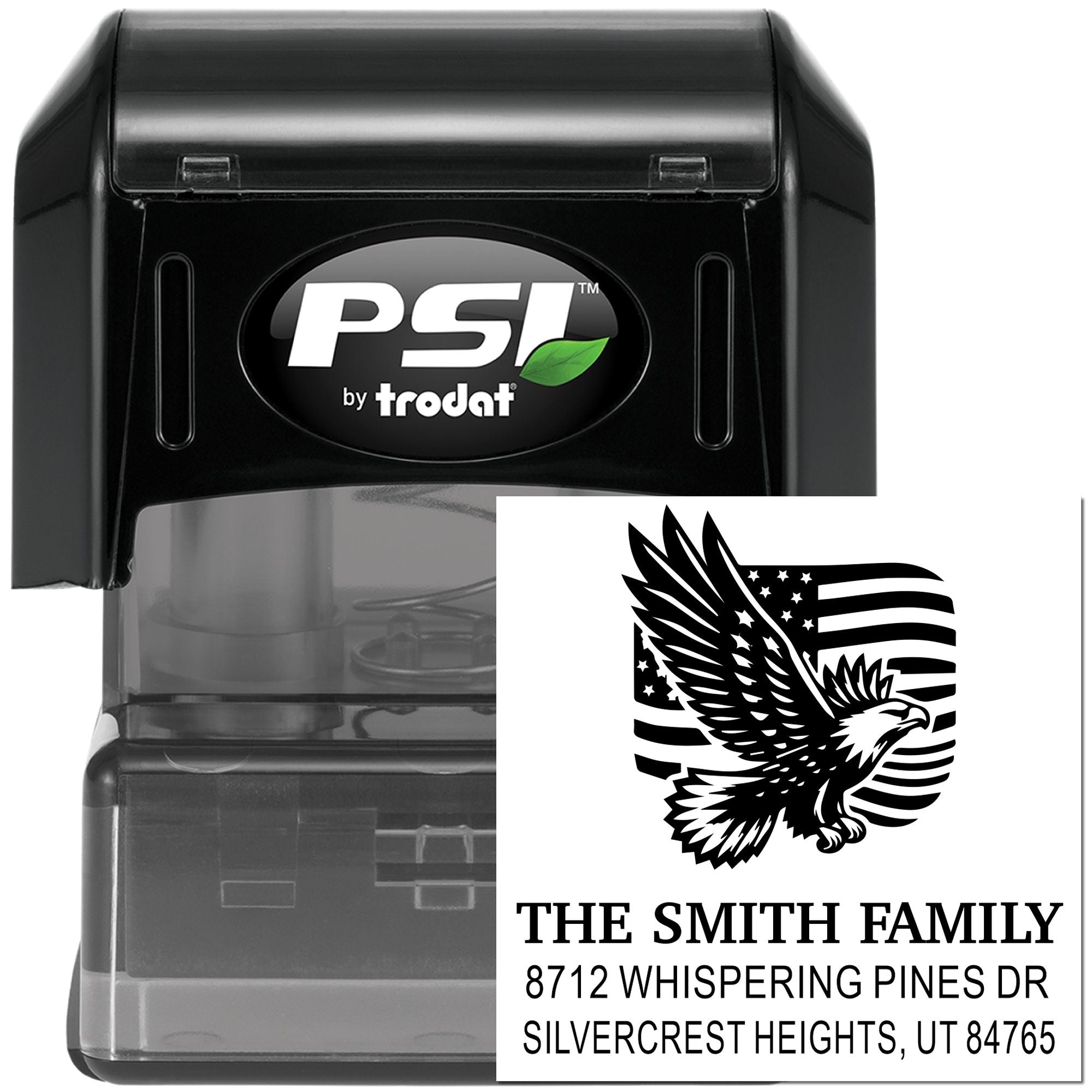 PSI by Trodat self-inking rubber address stamp with custom eagle design, family name, and return address for personal mailing and packaging