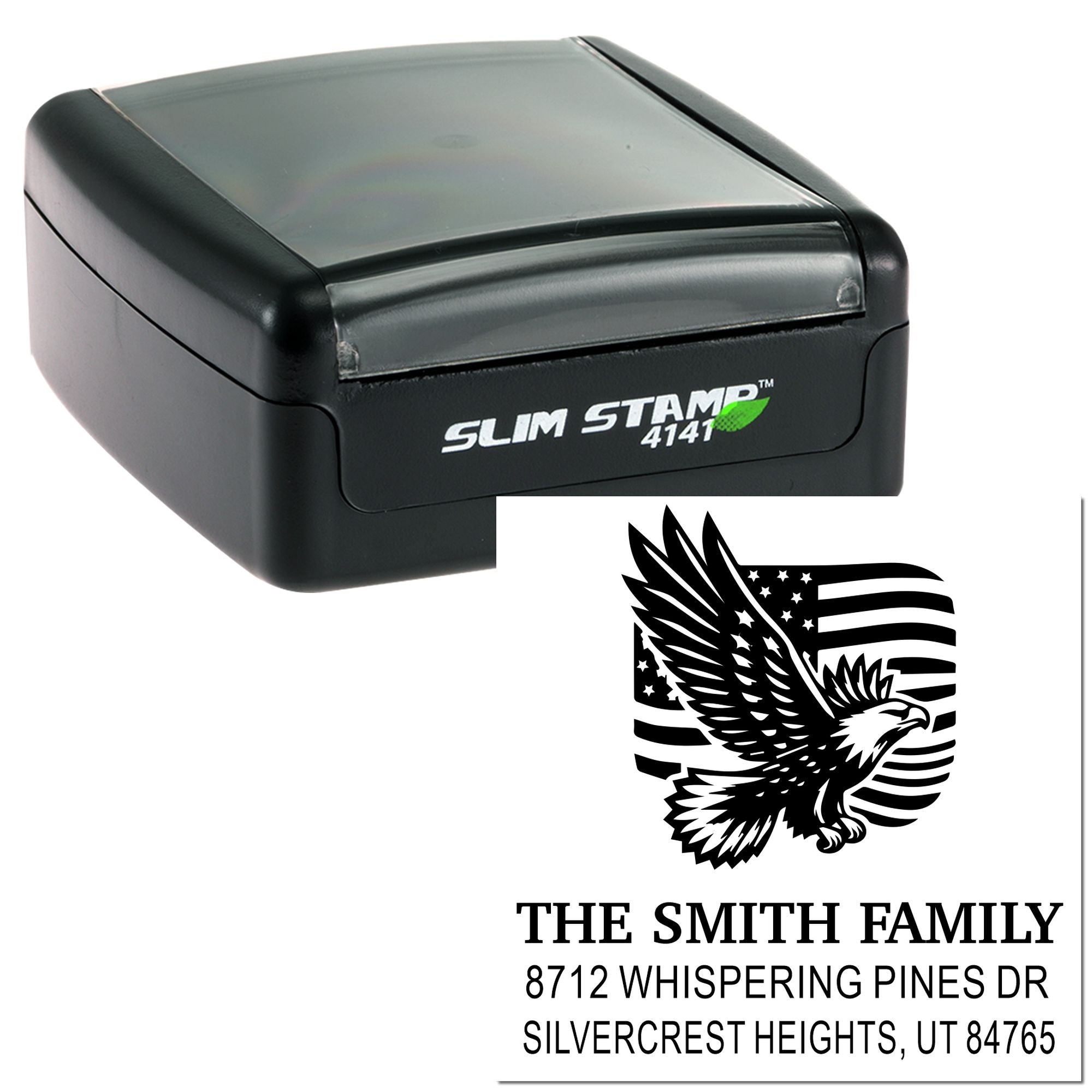 Custom self-inking rubber address stamp with eagle flag design, family name, street address, and city state ZIP for mail and envelopes.