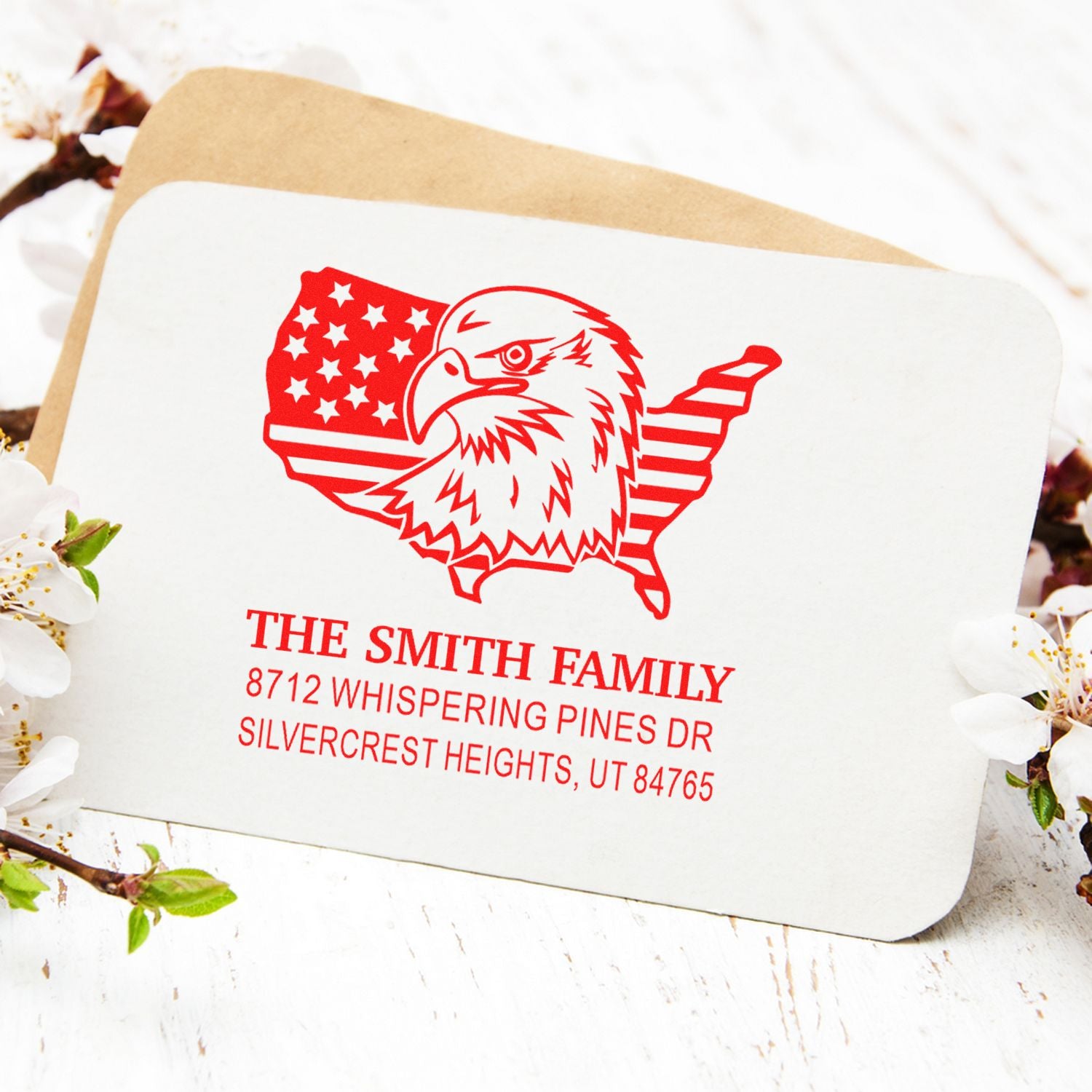 Custom patriotic return address rubber stamp with bald eagle and USA flag design, personalized Smith family name and Silvercrest Heights address