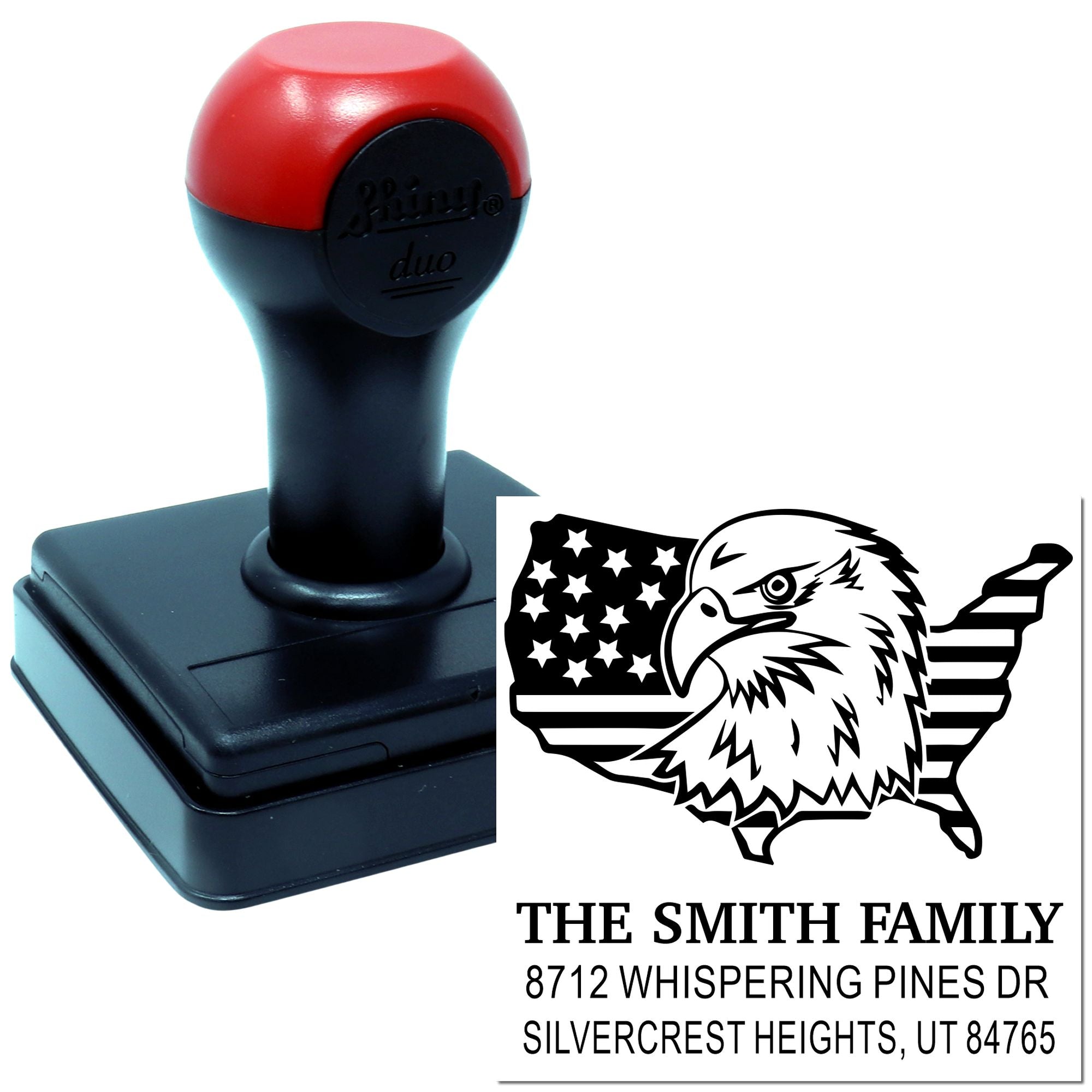 Custom self-inking rubber stamp with patriotic eagle design, family name, and address, ideal for personalized mailing and return address imprinting.