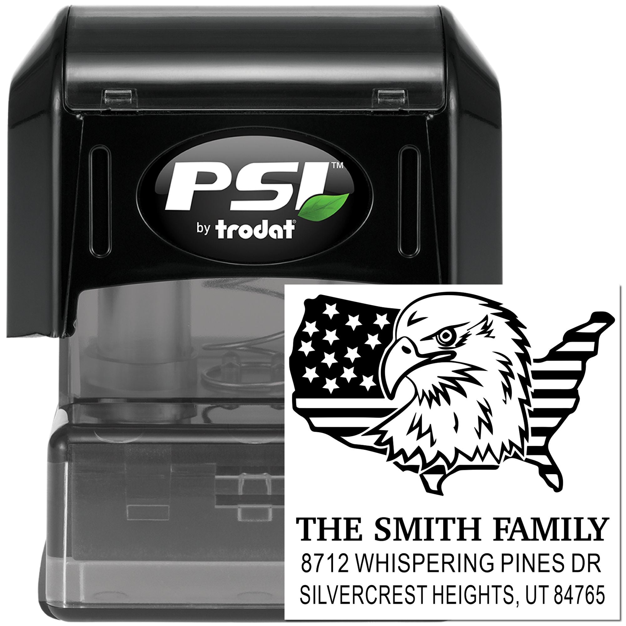 Custom PSI by Trodat self-inking address stamp with eagle and American flag design, showing The Smith Family and Utah address on a black stamp case.