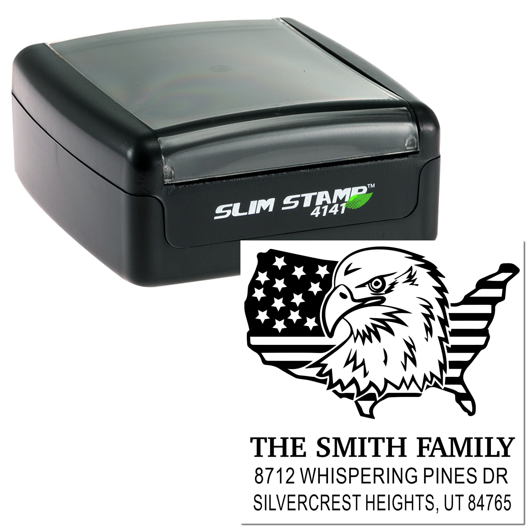 Custom self-inking Slim Stamp 4141 rubber stamp with eagle patriotic design and return address for The Smith Family, Silvercrest Heights, UT 84765