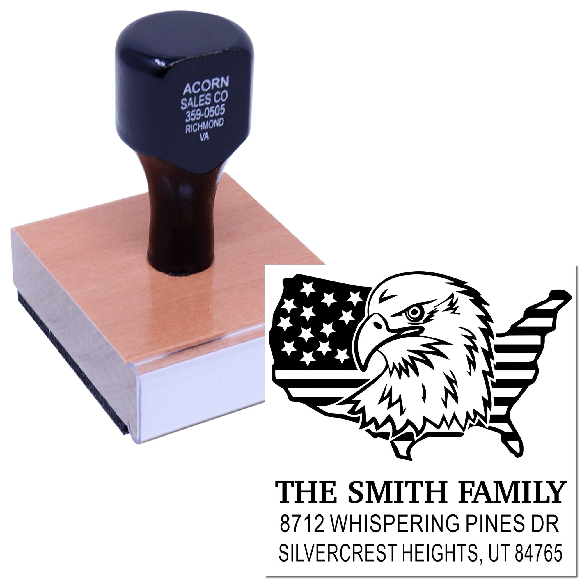 Custom rubber address stamp with eagle and American flag design, personalized family name and mailing address for home or business use