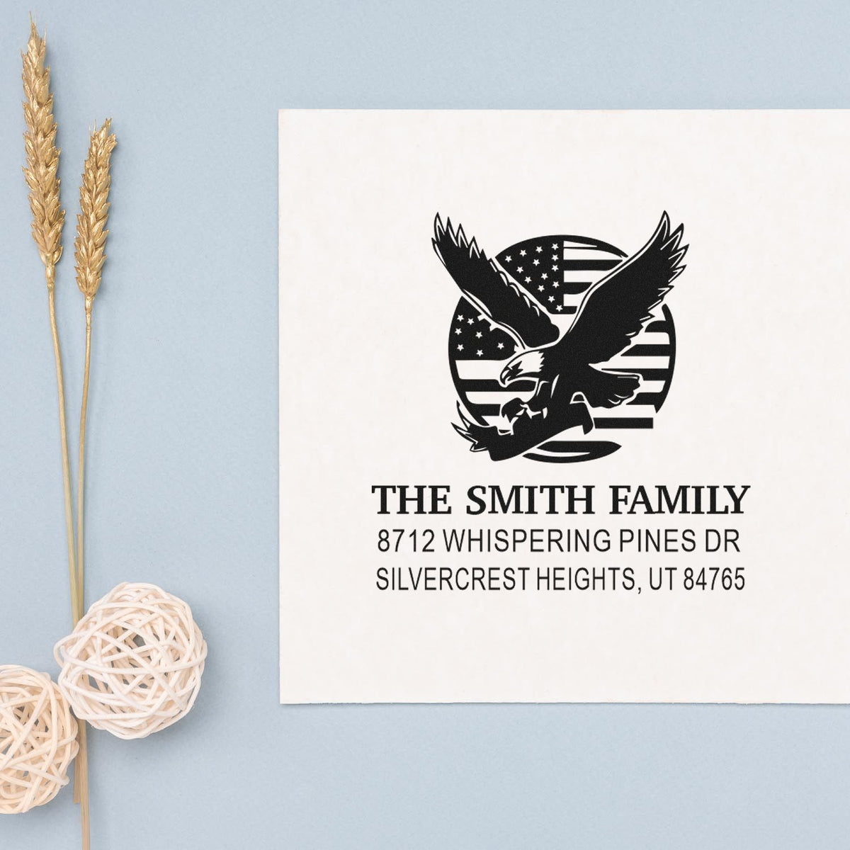 Custom eagle family return address rubber stamp with patriotic American flag design, featuring The Smith Family and Silvercrest Heights, UT address.