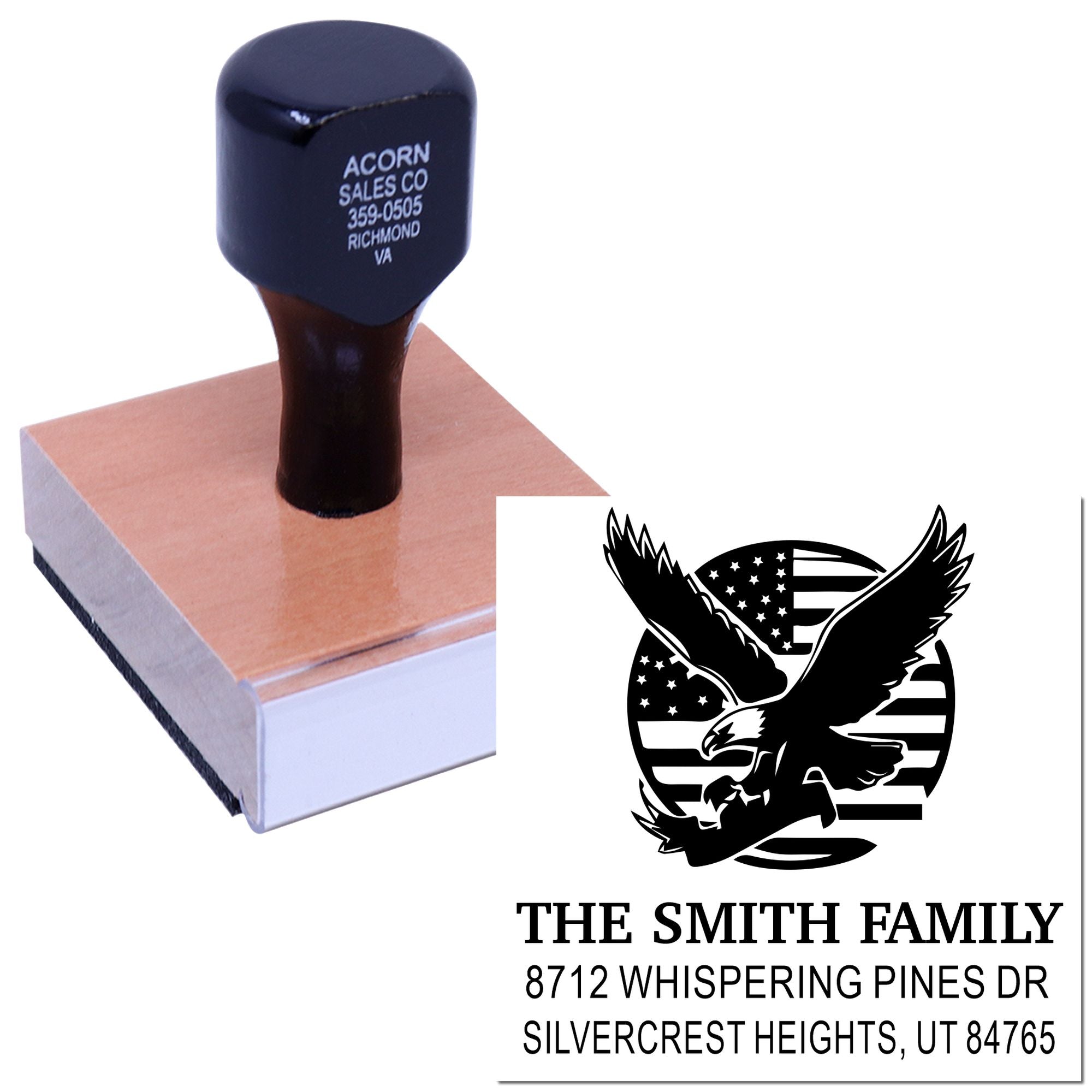 Custom rubber address stamp with patriotic eagle family design and personalized name and address, mounted on a wooden block for mailing usage