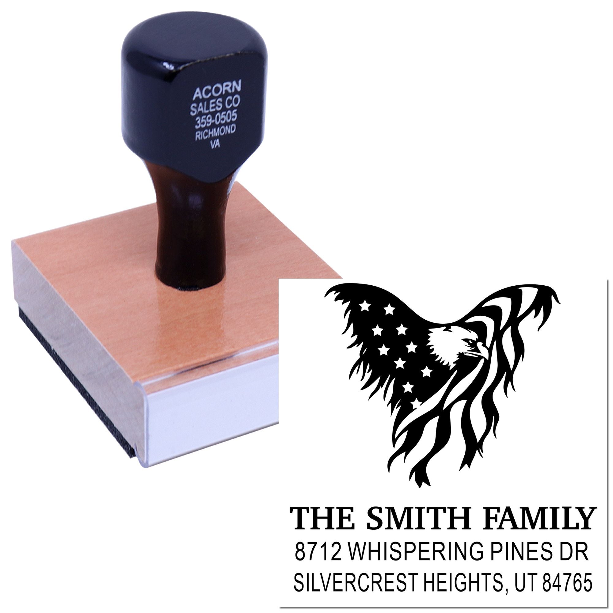 Custom address rubber stamp with eagle family return address design, personalized self-inking stamp for envelopes, mail, home, and stationery.