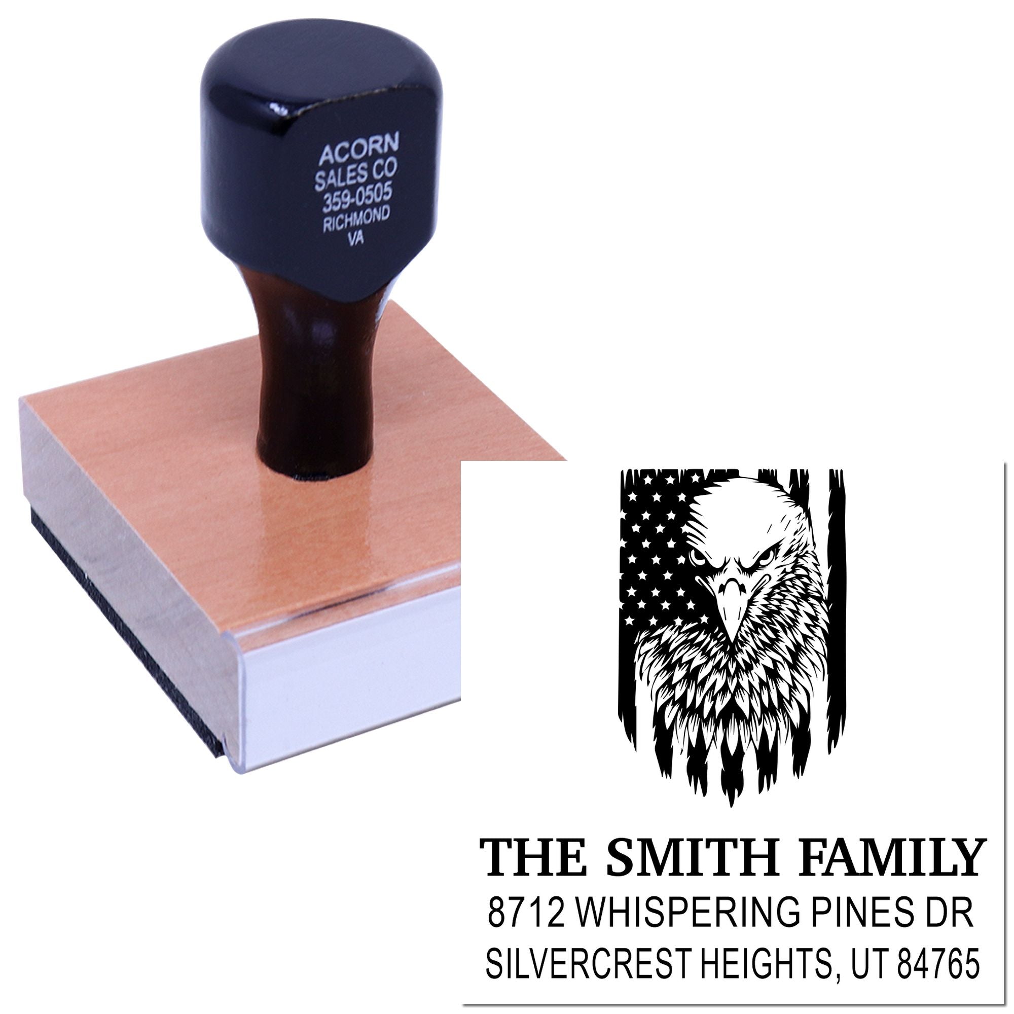 Custom address stamp with eagle graphic on wooden mount, reading The Smith Family and Silvercrest Heights, UT, shown on a white background.