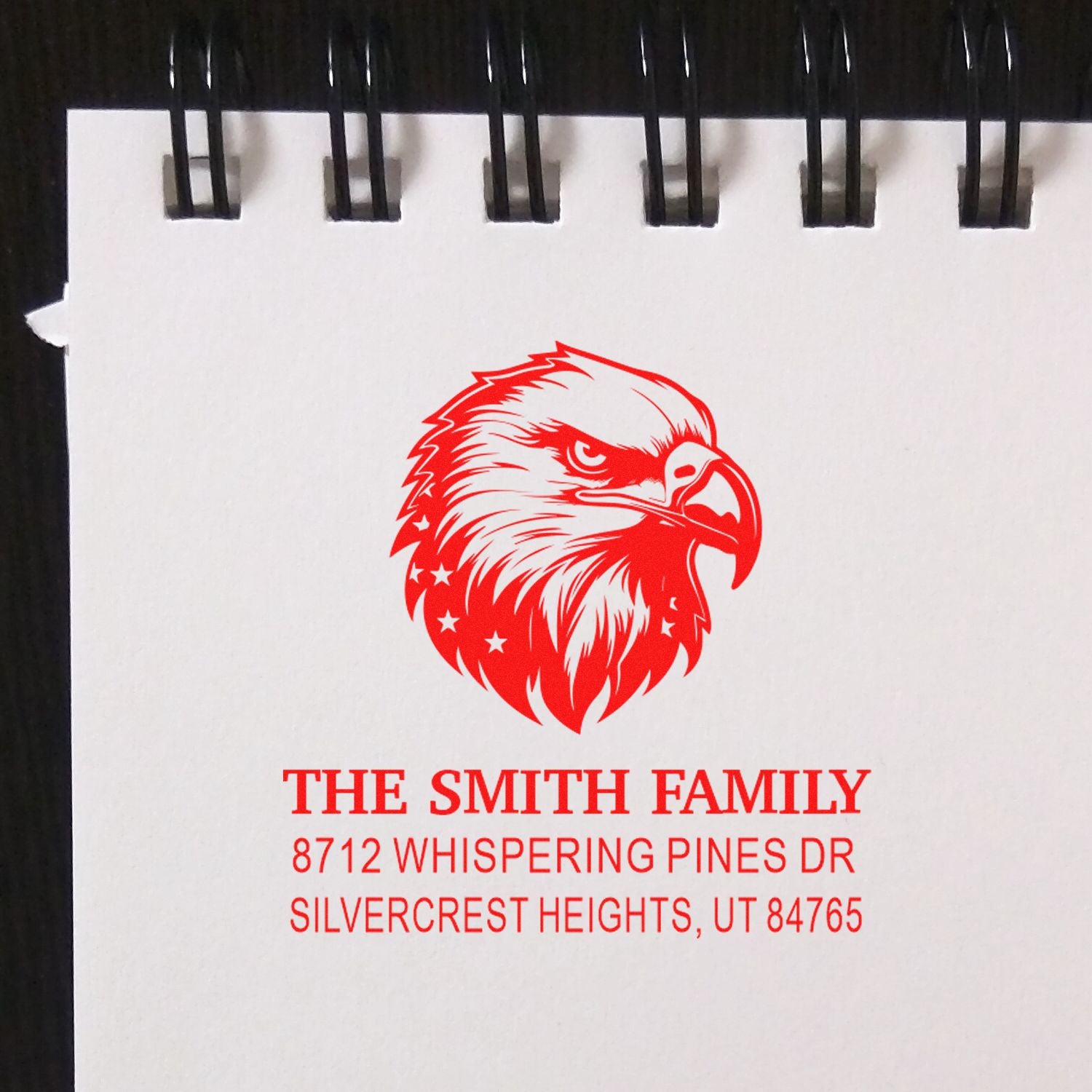 Custom red eagle head rubber stamp with The Smith Family return address, featuring 8712 Whispering Pines Dr, Silvercrest Heights, UT 84765.