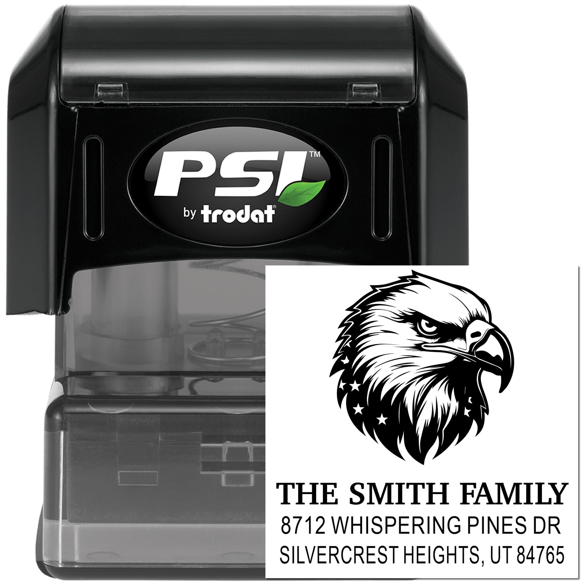 Custom PSI by Trodat self-inking rubber address stamp with eagle logo, The Smith Family name, and return address for personalized mailing use.