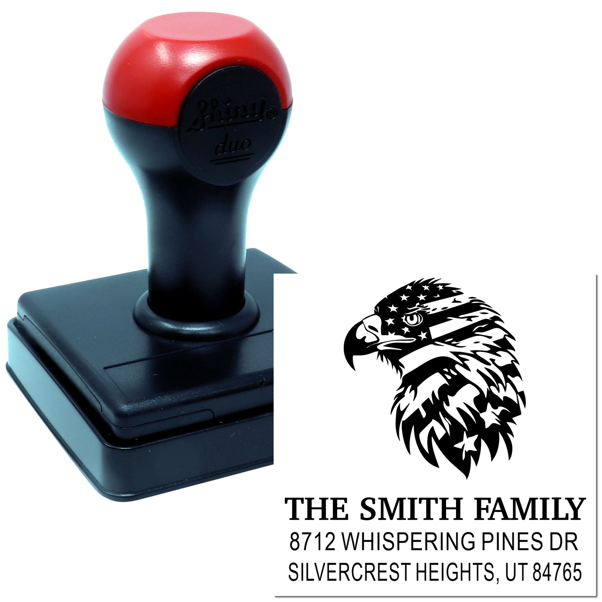 Custom self-inking rubber address stamp with eagle design, family name, street address, city, state and ZIP for personalized mail and envelopes