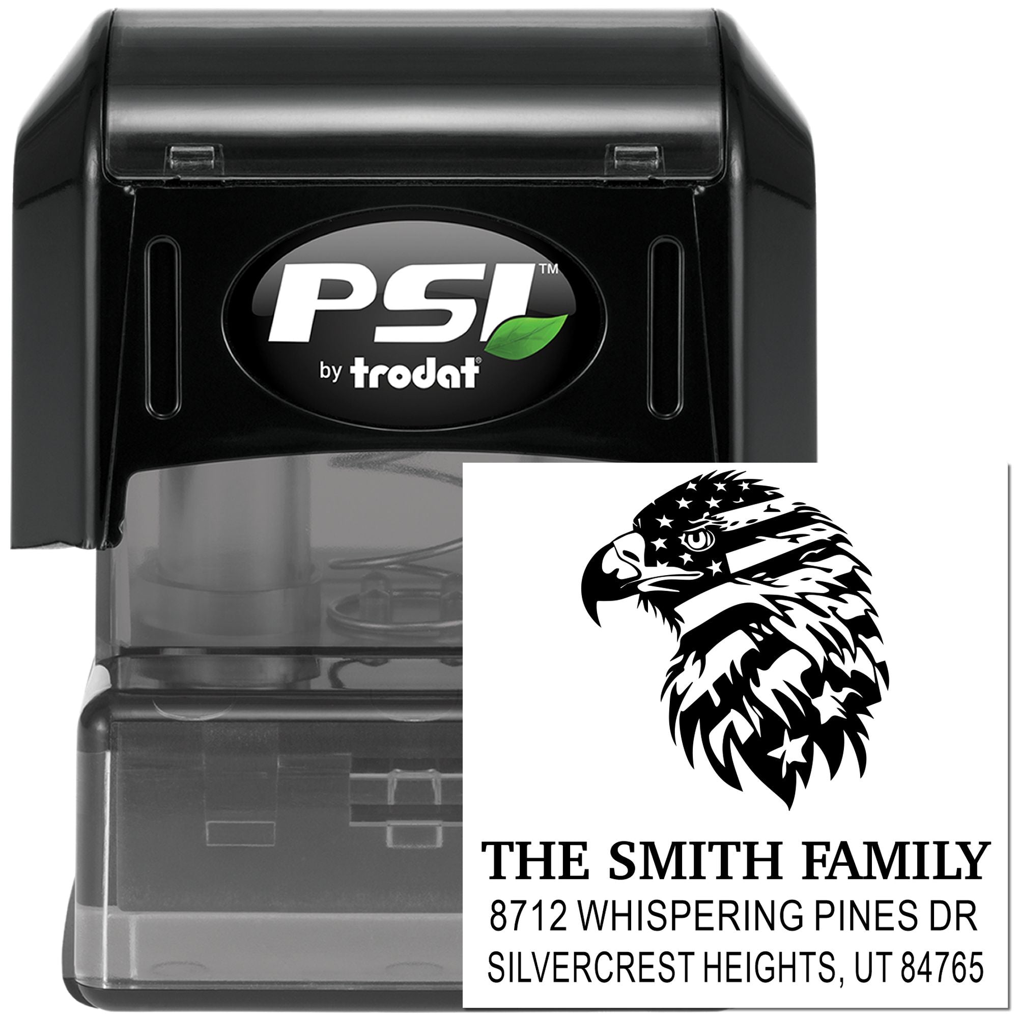 Custom self-inking PSI by Trodat stamp with eagle logo and The Smith Family address, shown in black plastic case on white background.