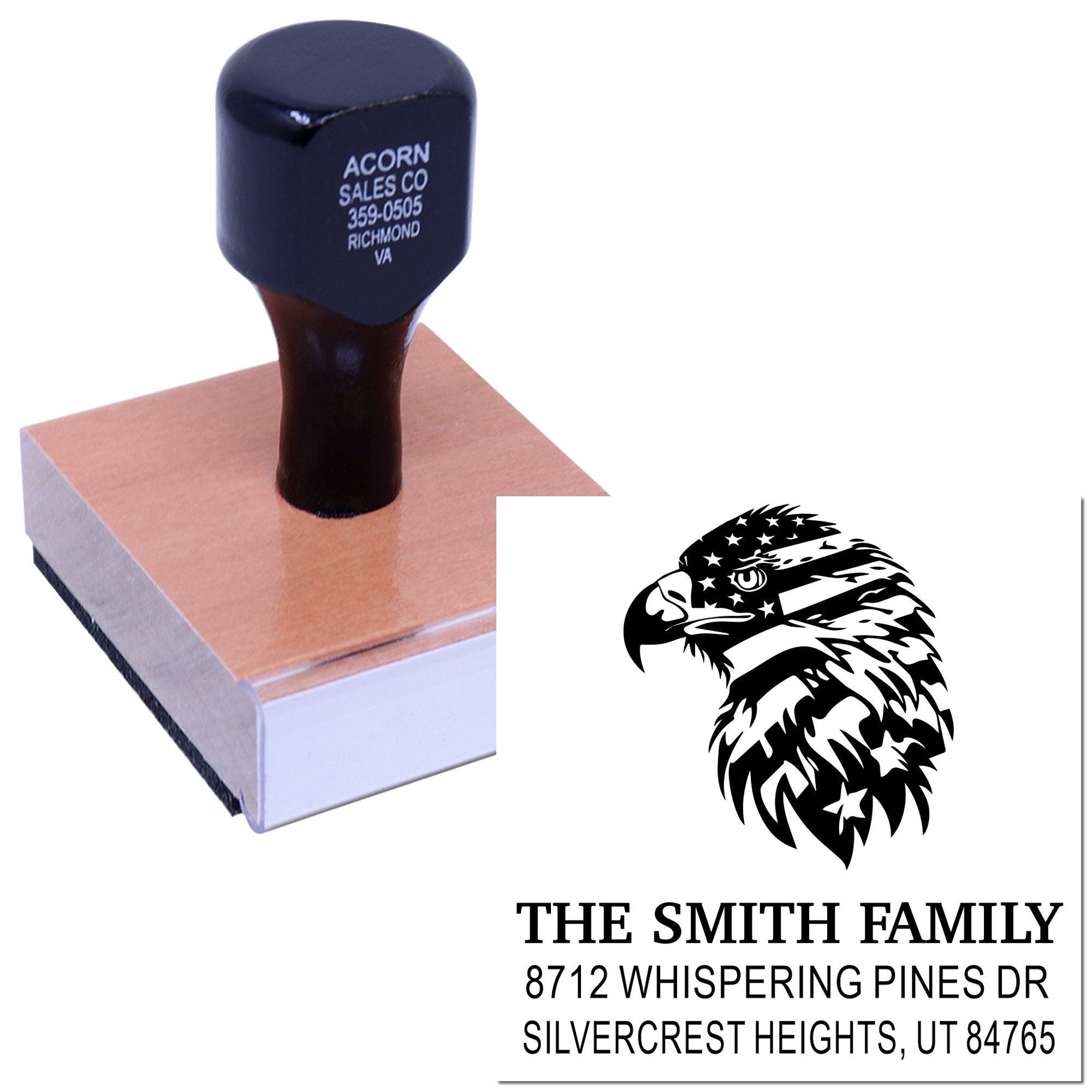 Custom rubber address stamp with eagle graphic, The Smith Family name, and Silvercrest Heights, UT return address for personalized mailing needs.