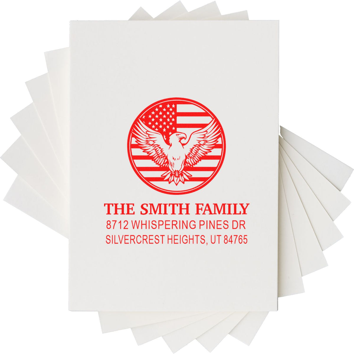 Custom self-inking family address stamp with patriotic eagle and American flag design, personalized for The Smith Family, Silvercrest Heights, UT.