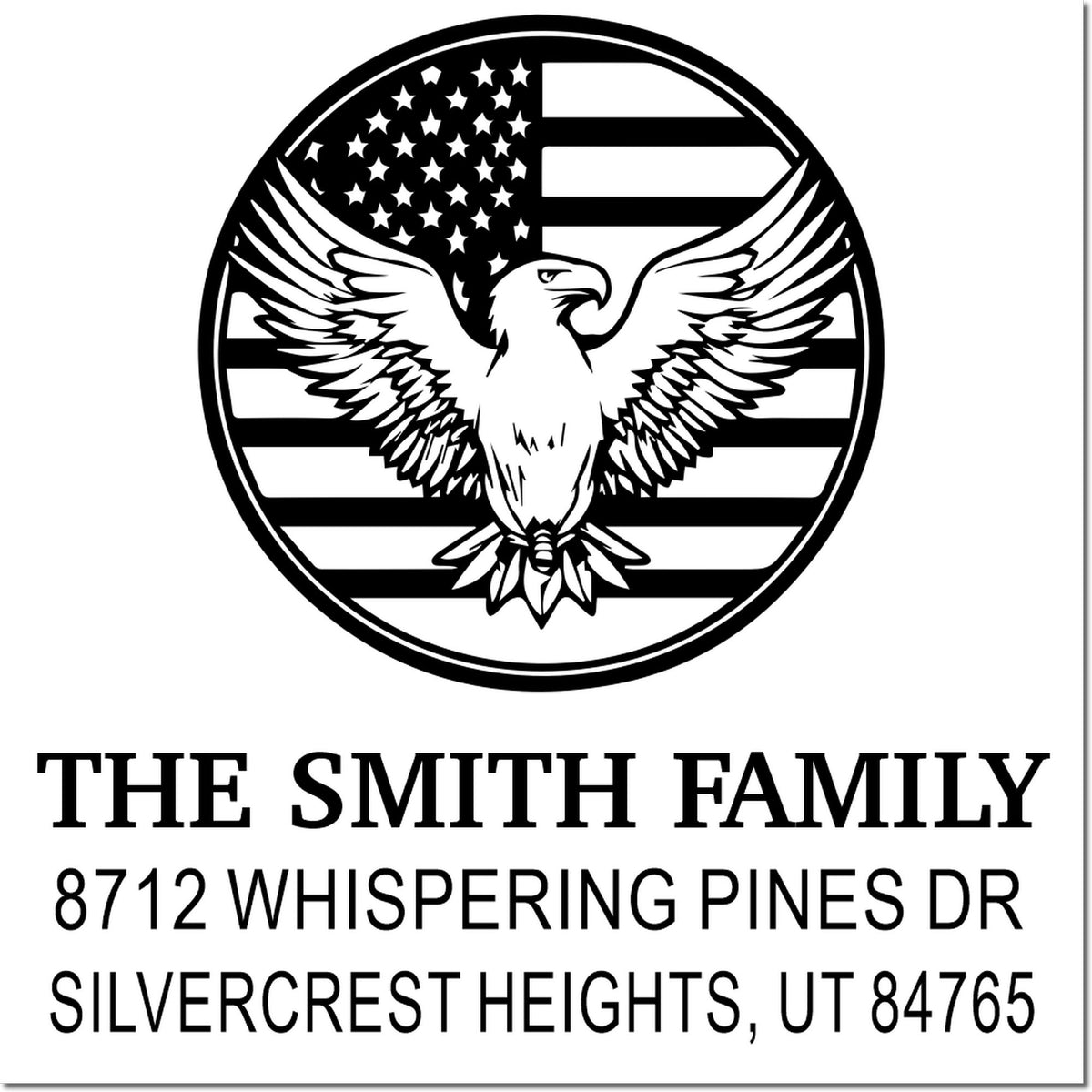 Custom self-inking address stamp with patriotic eagle and American flag design, featuring The Smith Family name and Silvercrest Heights, UT return address.