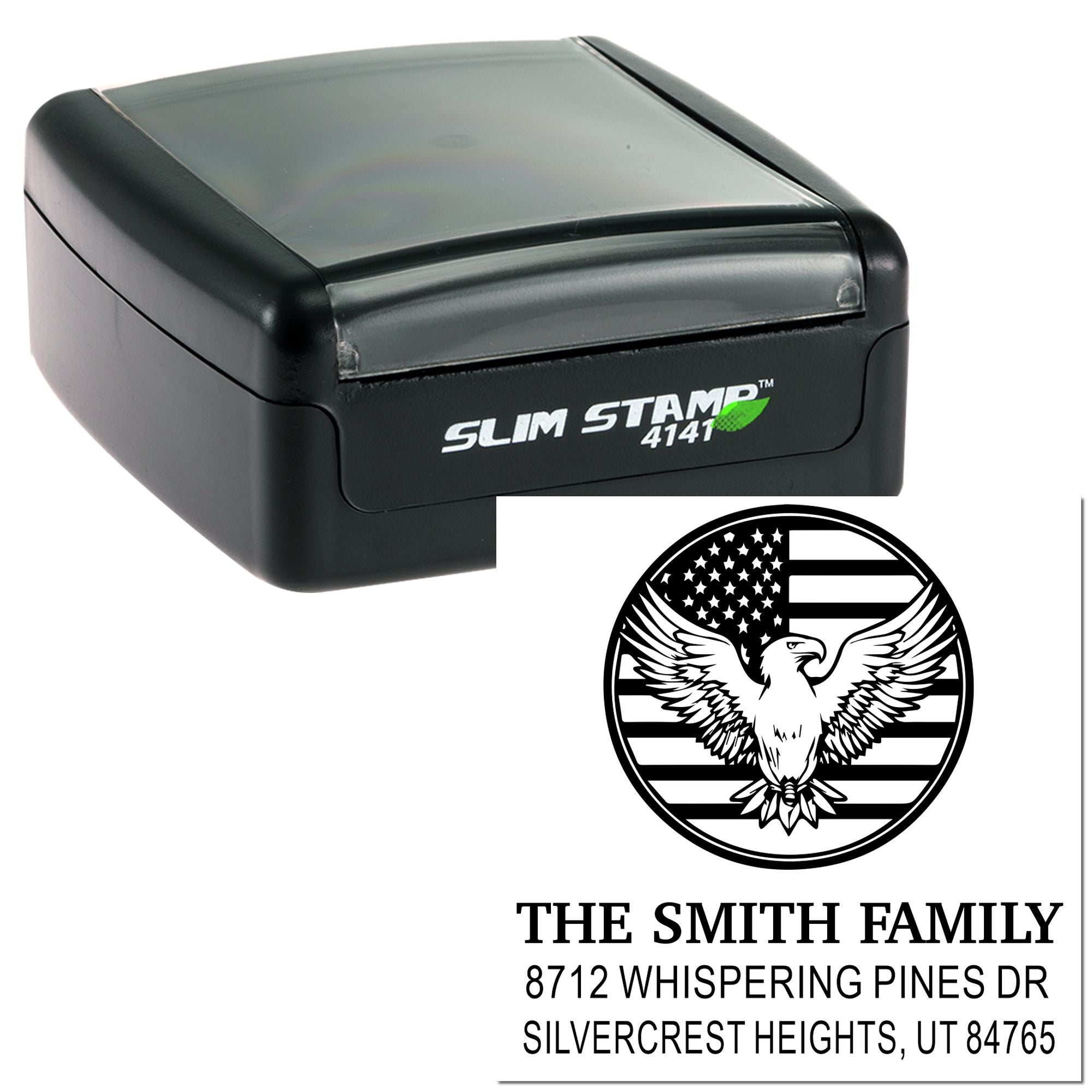 Personalized slim rubber address stamp with eagle and American flag design, featuring The Smith Family name and custom return address details.