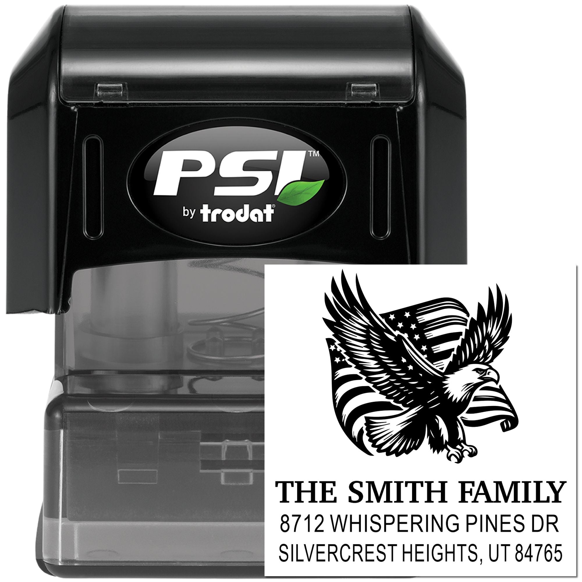 PSI by Trodat self-inking address stamp with eagle design and The Smith Family return address, shown in a black stamp case on white background.