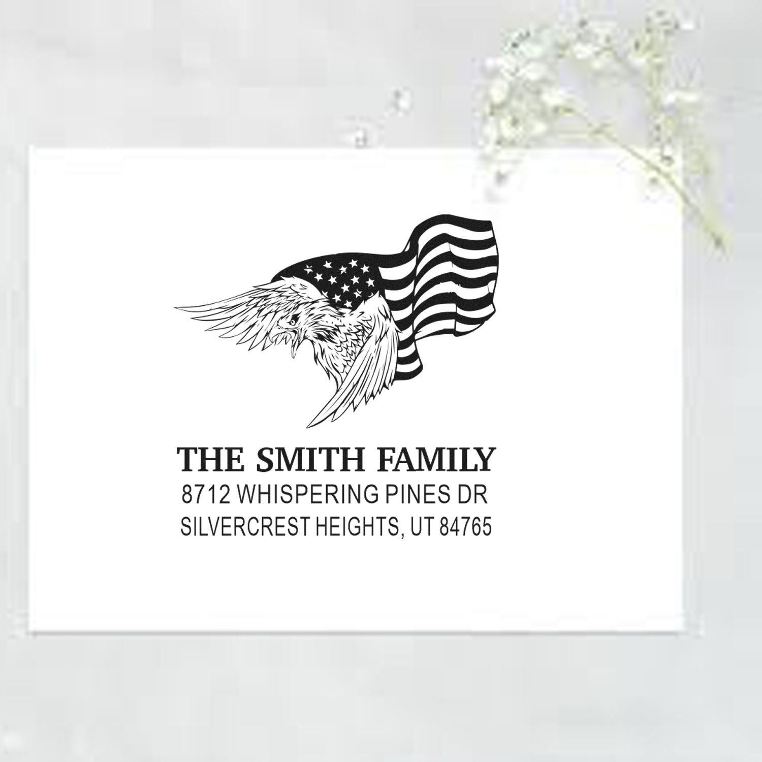Personalized family return address stamp featuring an eagle and waving American flag, with THE SMITH FAMILY and Silvercrest Heights, UT address.