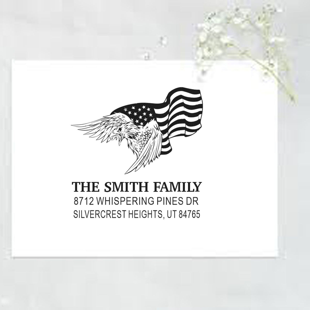 Personalized family address rubber stamp with bald eagle and American flag design, custom return address stamp for patriotic envelopes and mail