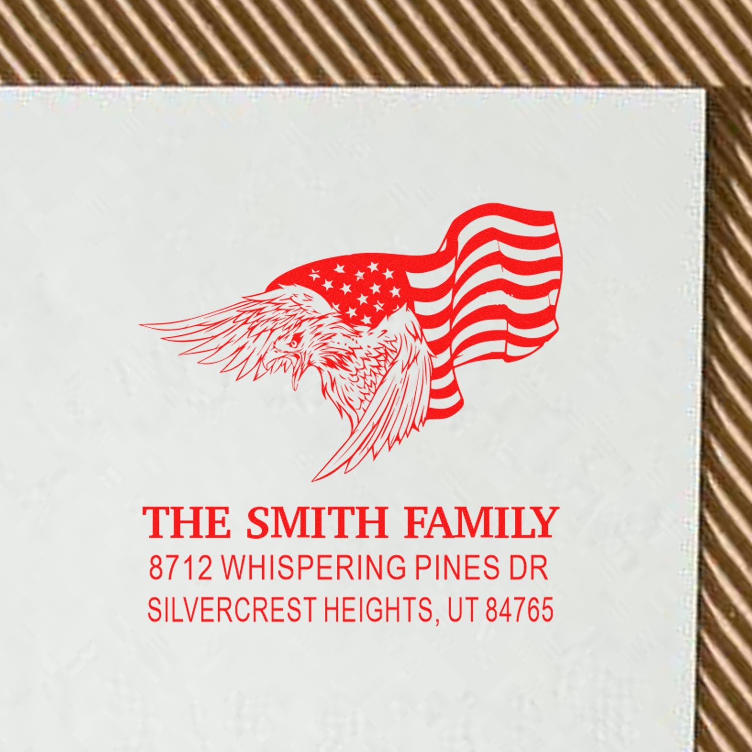 Custom rubber stamp featuring eagle and American flag design, personalized Smith family return address stamp with Silvercrest Heights, UT address