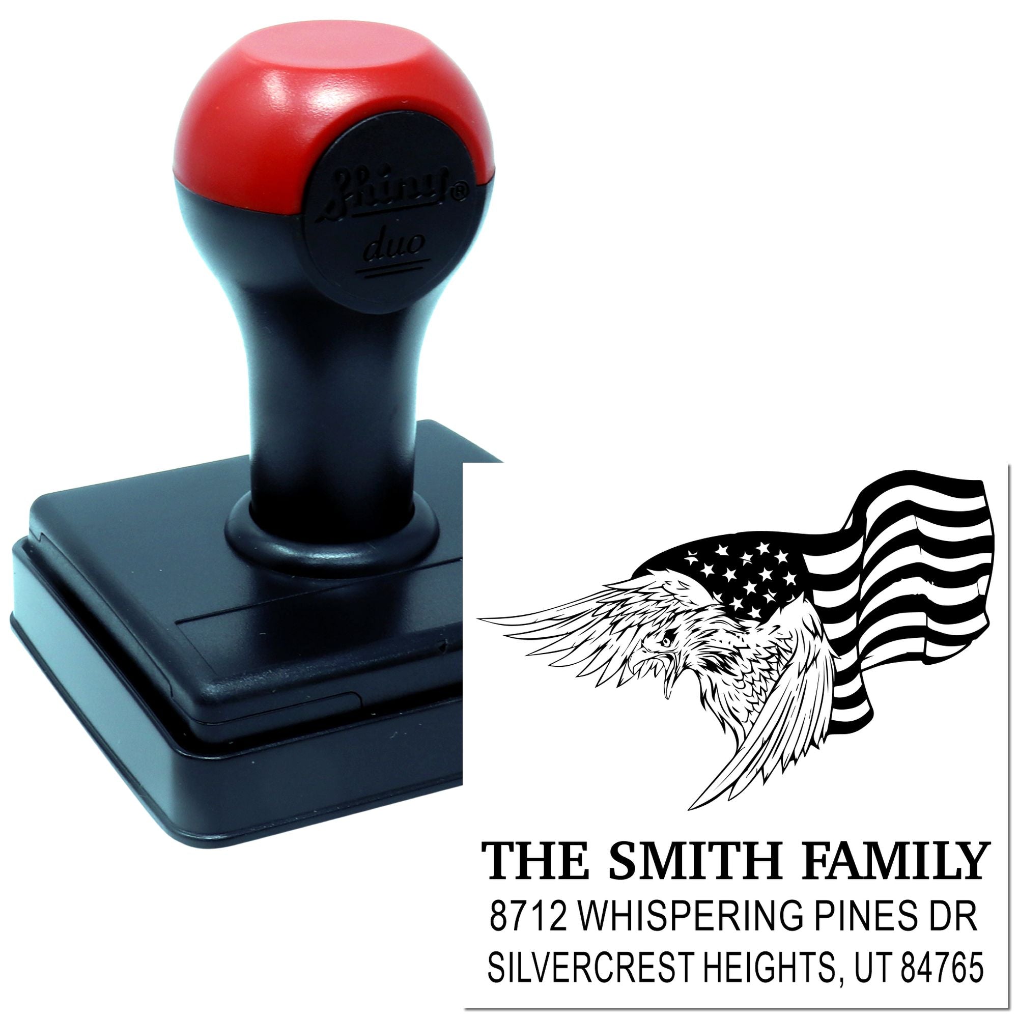 Self-inking custom address rubber stamp with eagle and American flag design, featuring Smith family name and Silvercrest Heights UT return address.
