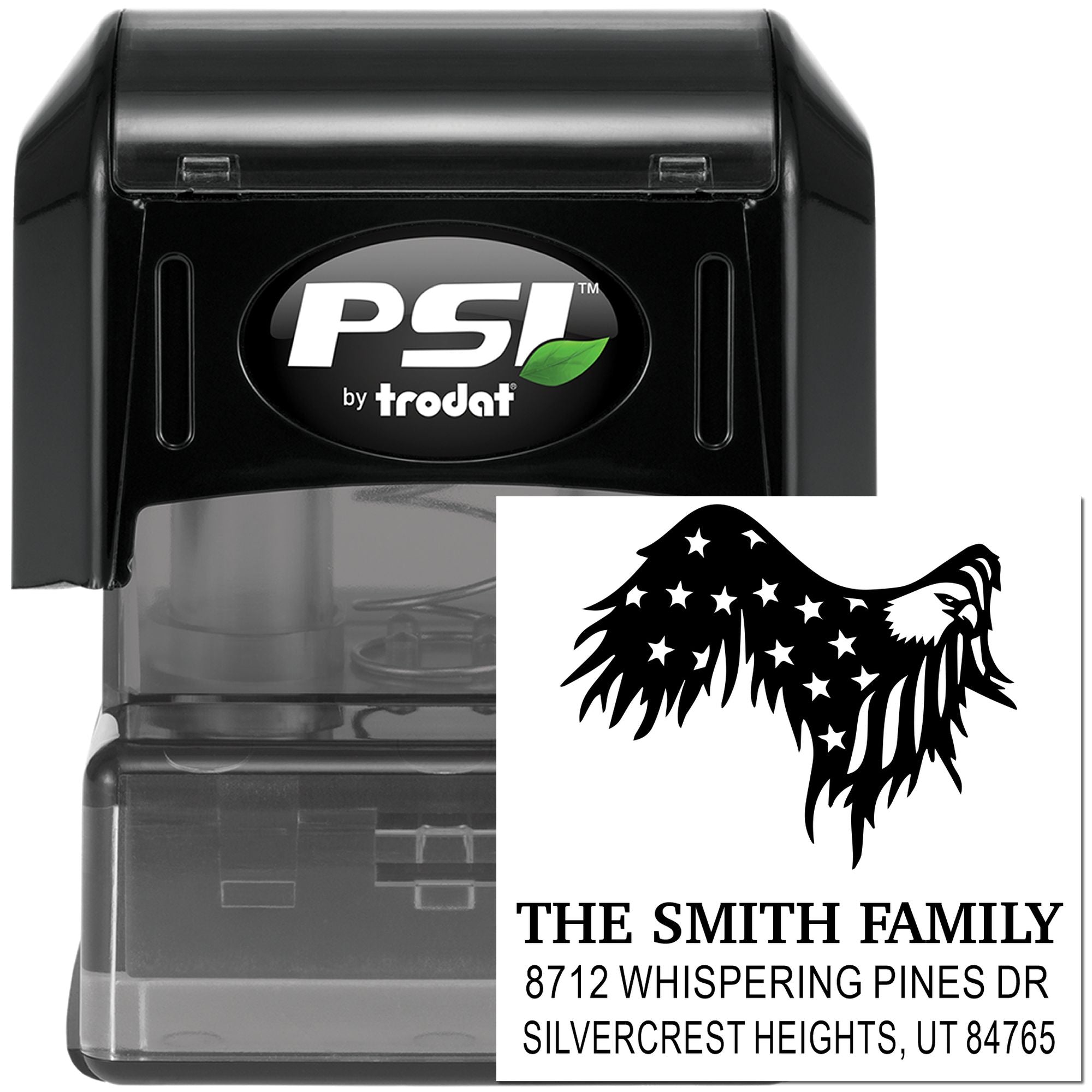 PSI by Trodat self-inking rubber address stamp with custom eagle design, The Smith Family return address, and personalized mailing details for envelopes
