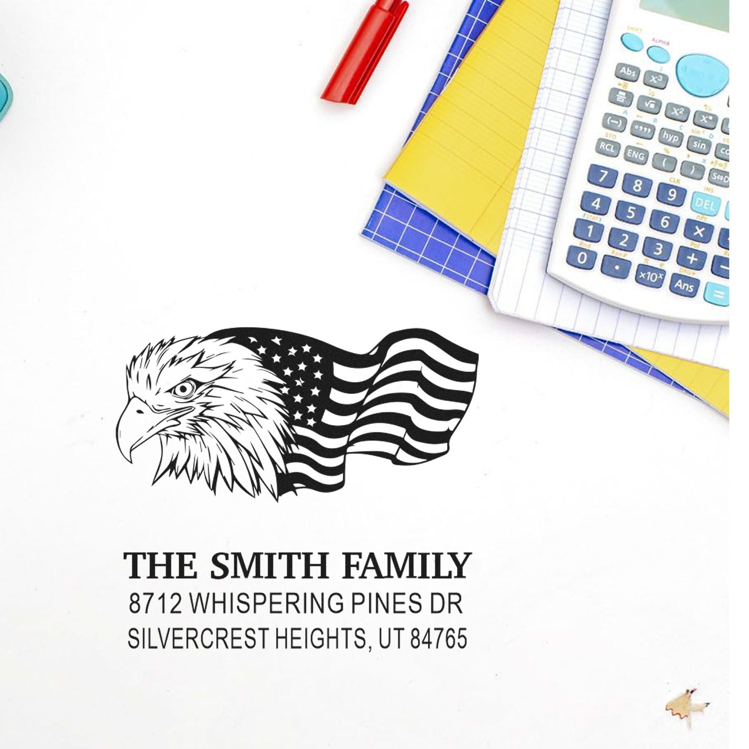 Personalized eagle and American flag return address rubber stamp for family mail, featuring Smith family name and custom home address.