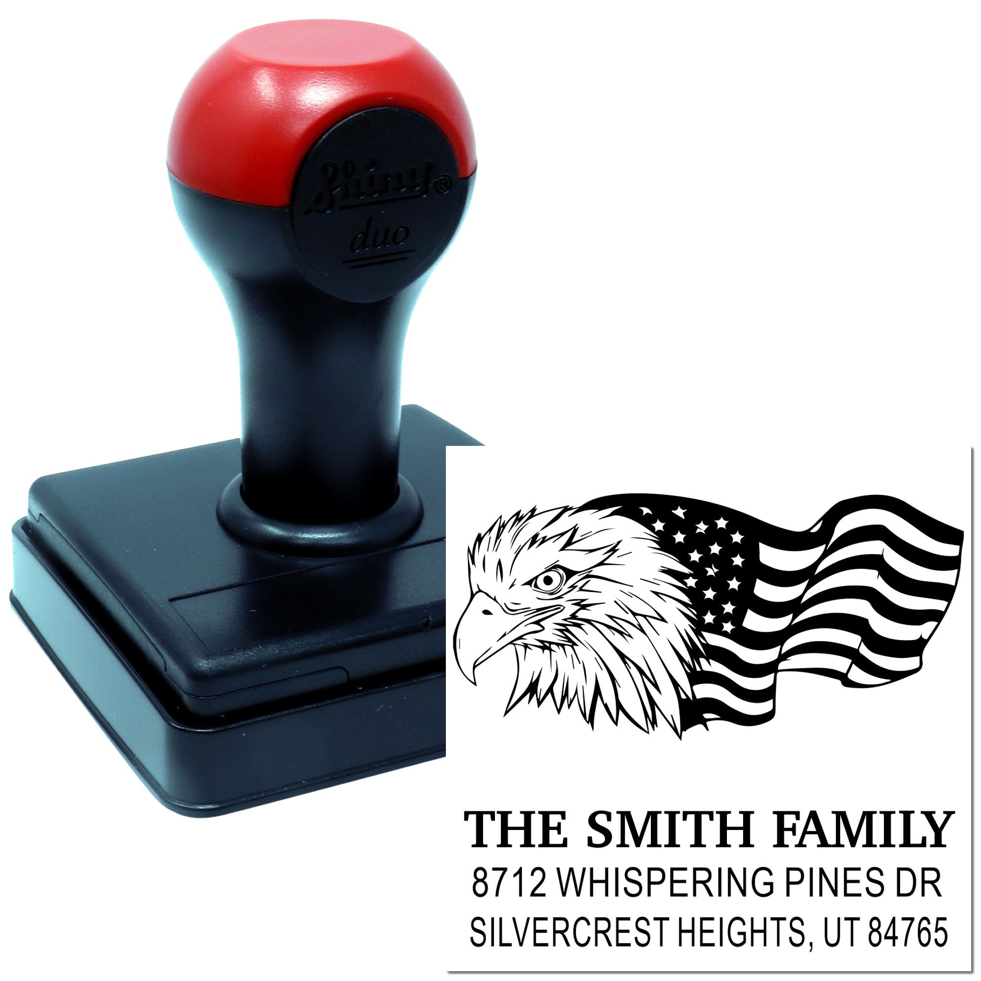 Custom self-inking rubber address stamp with eagle American flag design, The Smith Family, and return address for envelopes and mailings