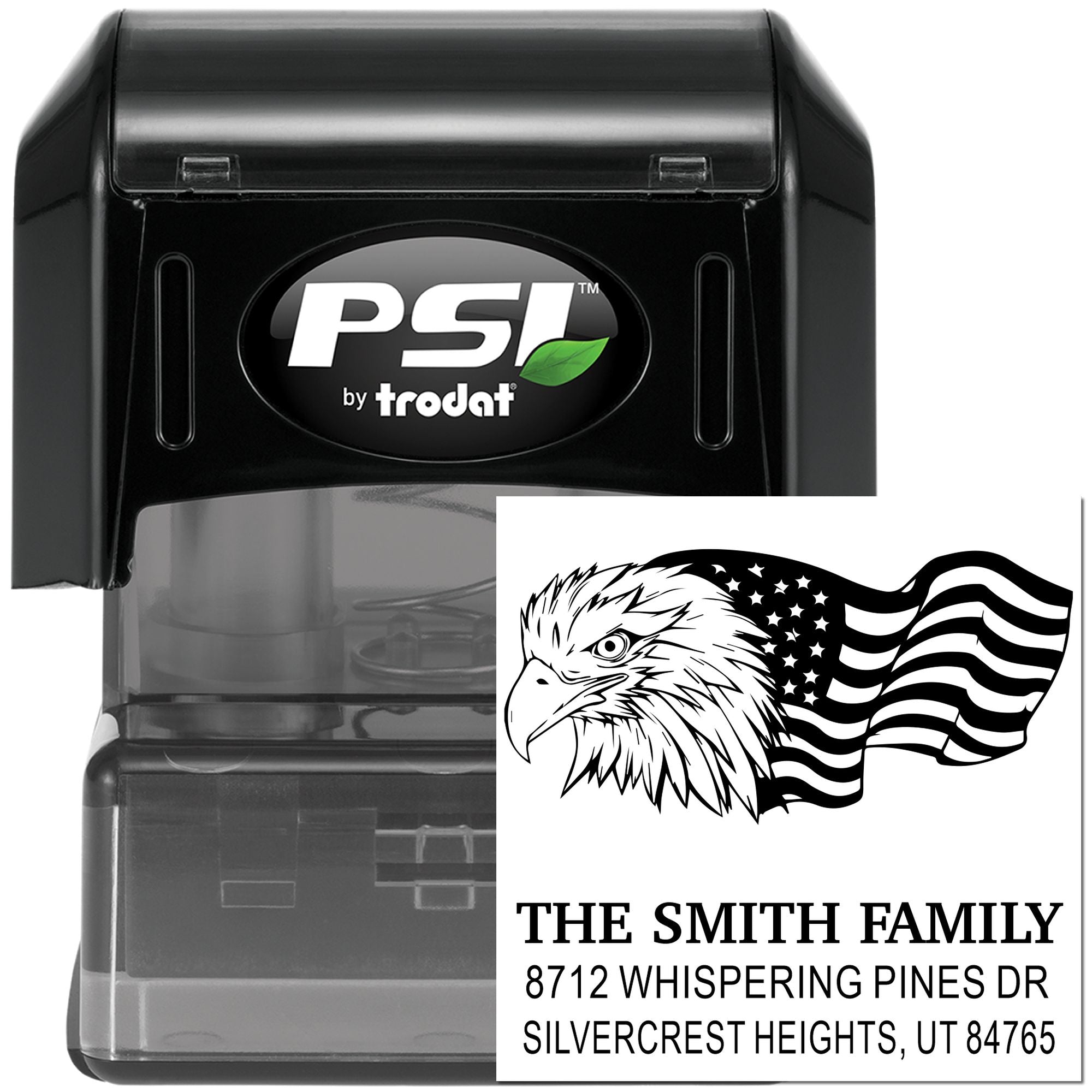 Self-inking PSI by Trodat address stamp with patriotic eagle and American flag design, personalized for The Smith Family, 8712 Whispering Pines Dr