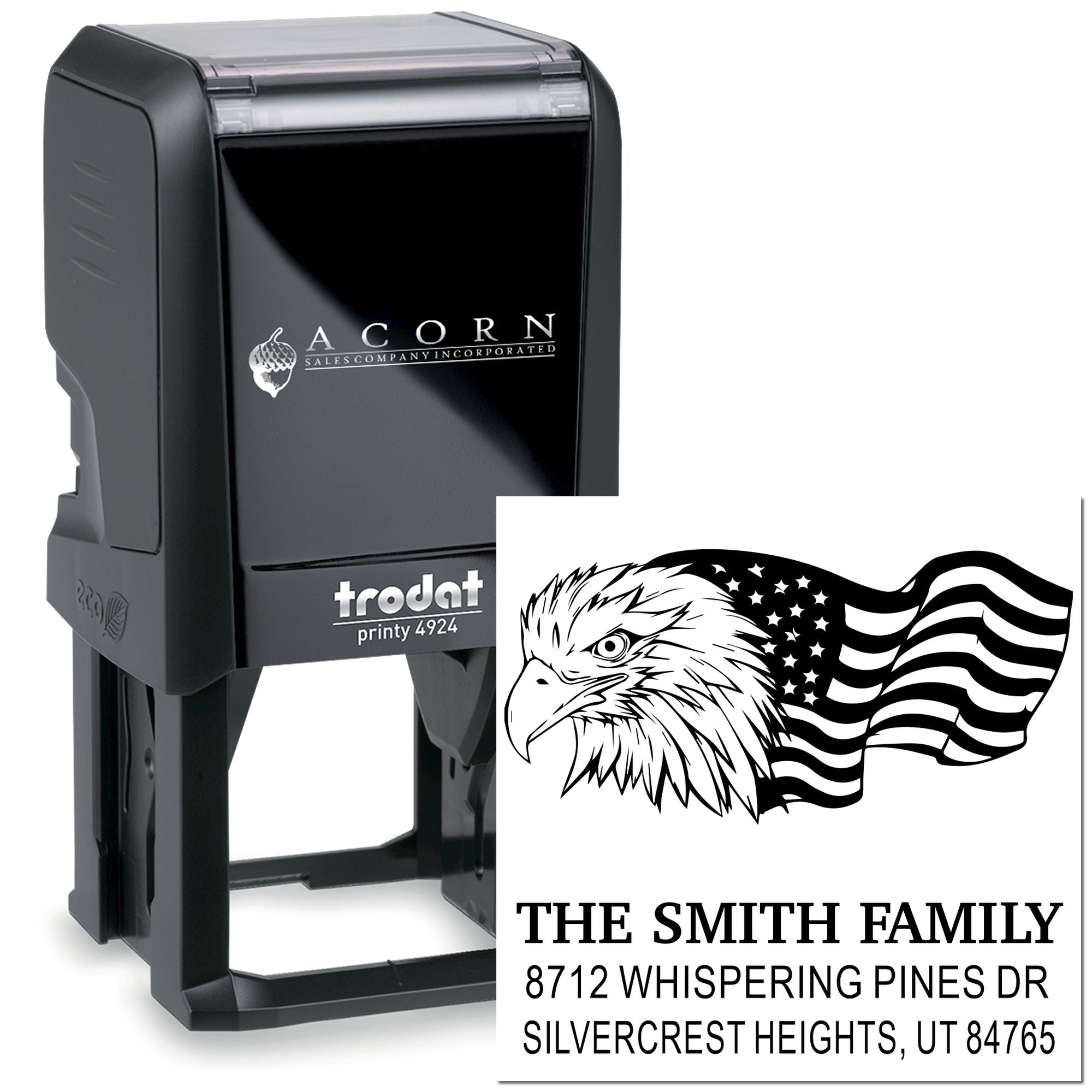 Custom Trodat Printy 4924 self-inking rubber stamp with eagle and American flag design for The Smith Family return address and mailing imprint