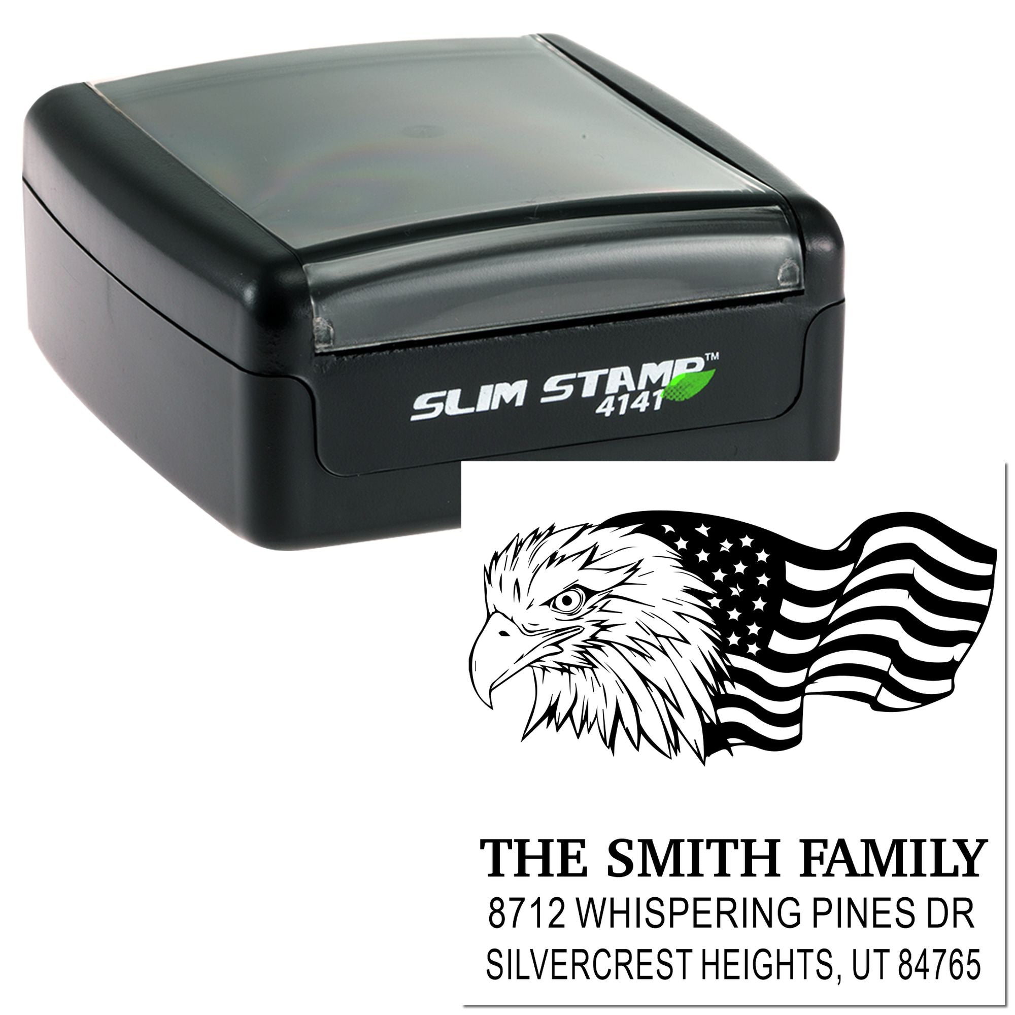 Slim Stamp 4141 custom address rubber stamp with eagle and American flag design, personalized family name and address return mail stamp for envelopes