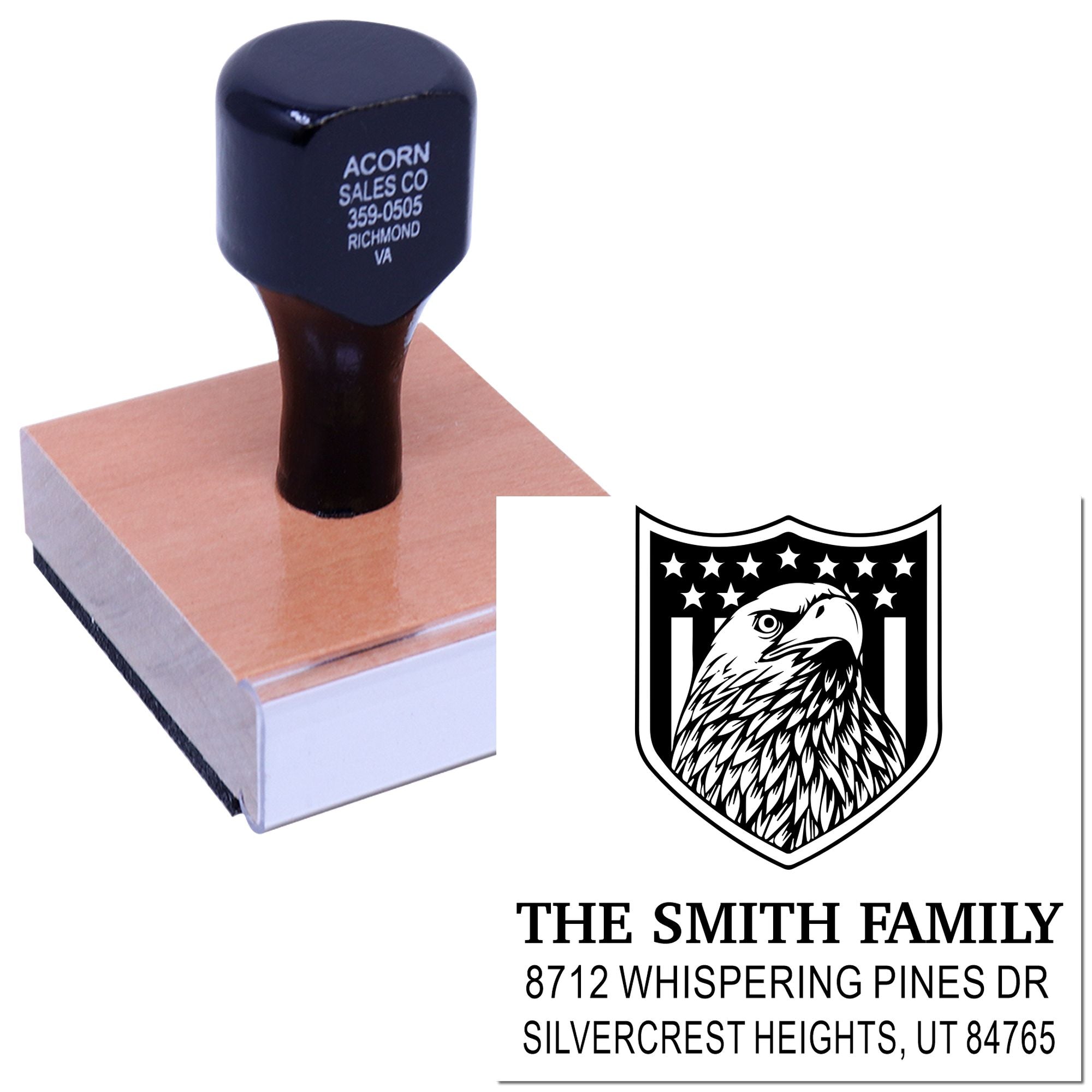 Custom rubber stamp with eagle crest family return address, personalized address stamp for envelopes, weddings, and home correspondence