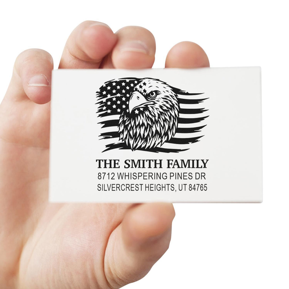 Custom family return address rubber stamp with eagle and American flag design, personalized for The Smith Family, Silvercrest Heights, UT 84765
